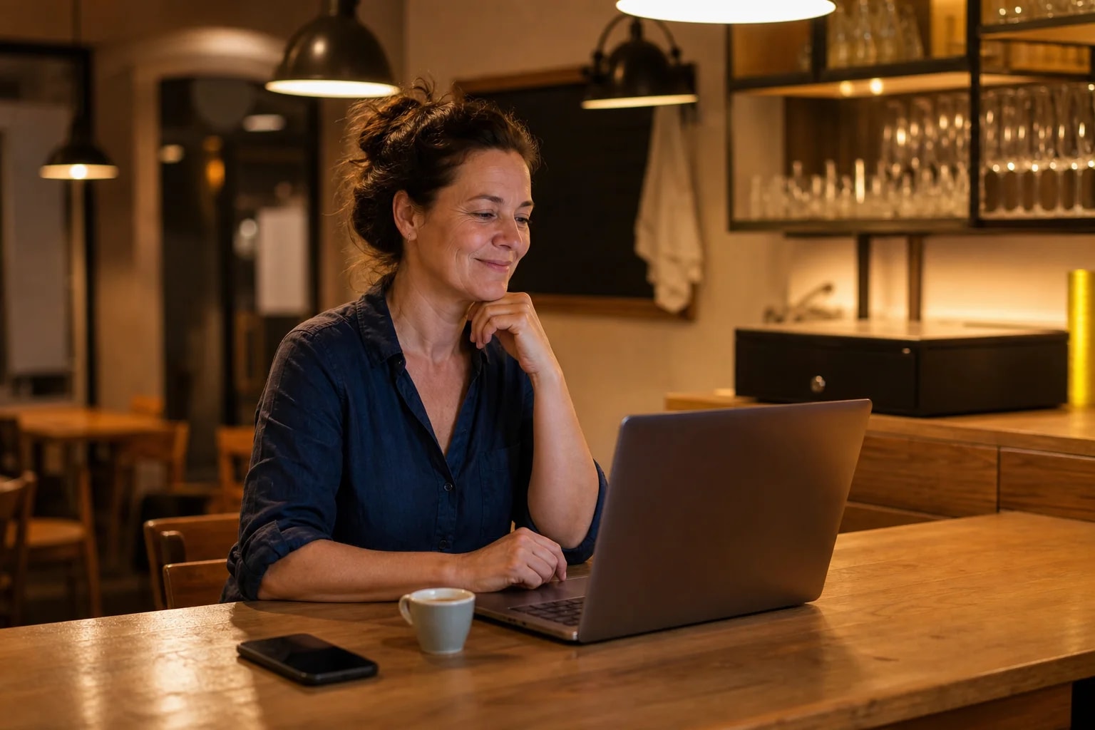 Wirtin sitzt nach Feierabend entspannt am Tresen und macht den Monatsabschluss am Laptop, daneben nur eine Espressotasse