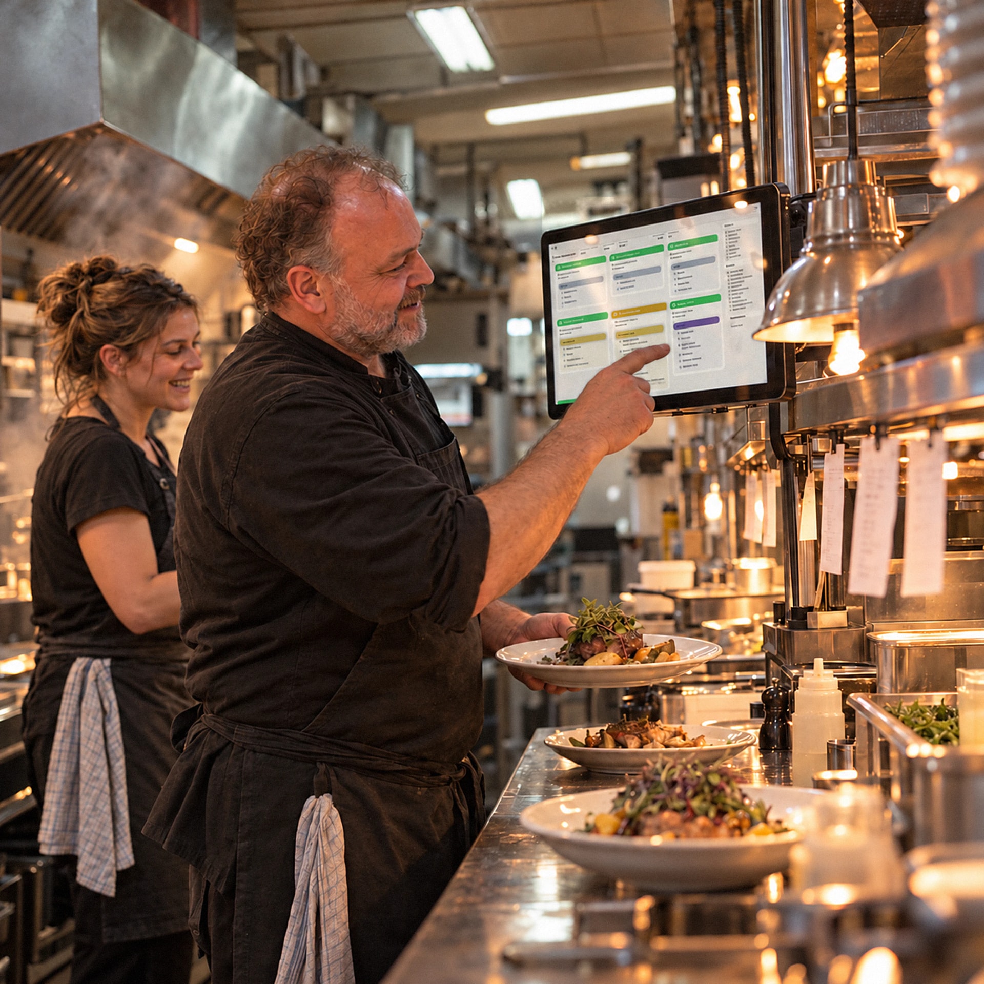 Küchenchef tippt am Pass auf eine Bestellung im Küchenmonitor, die Servicekraft wartet auf den Teller