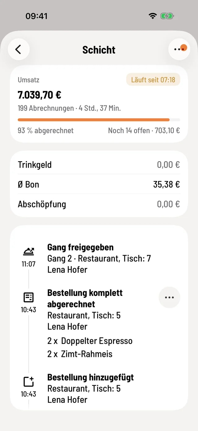 Shift report of the POS App on the iPhone with revenue and payments.