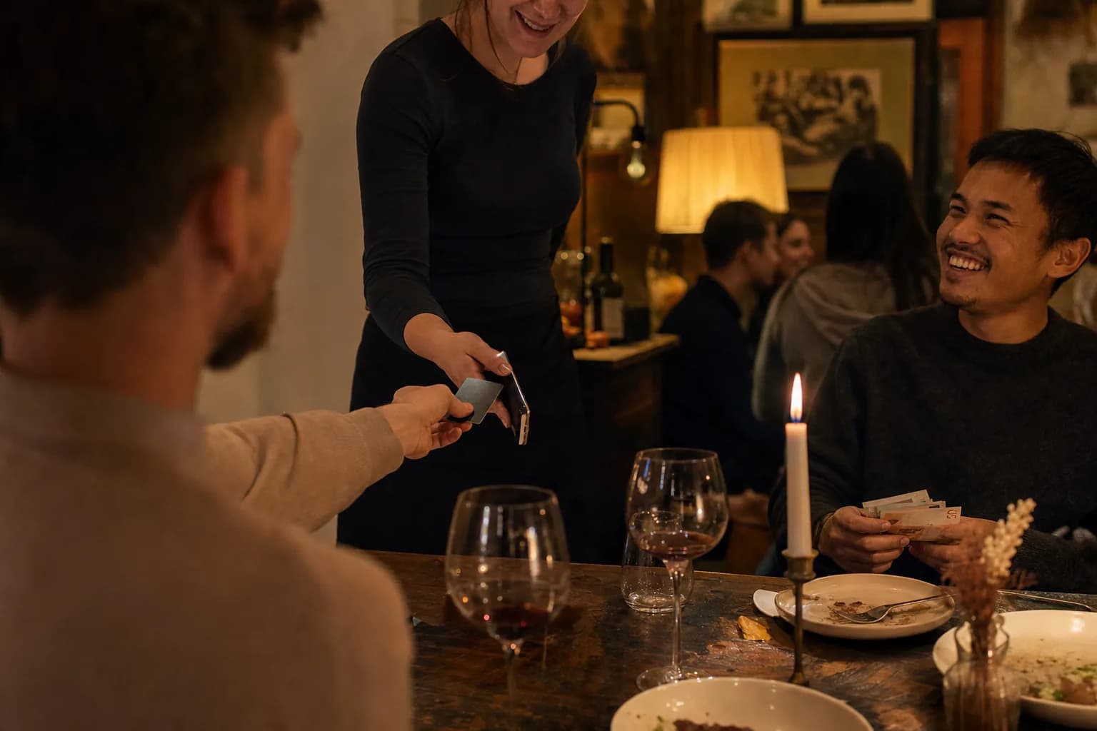 Gast hält seine Karte an das Smartphone der Kellnerin, ein weiterer Gast hält Bargeld bereit