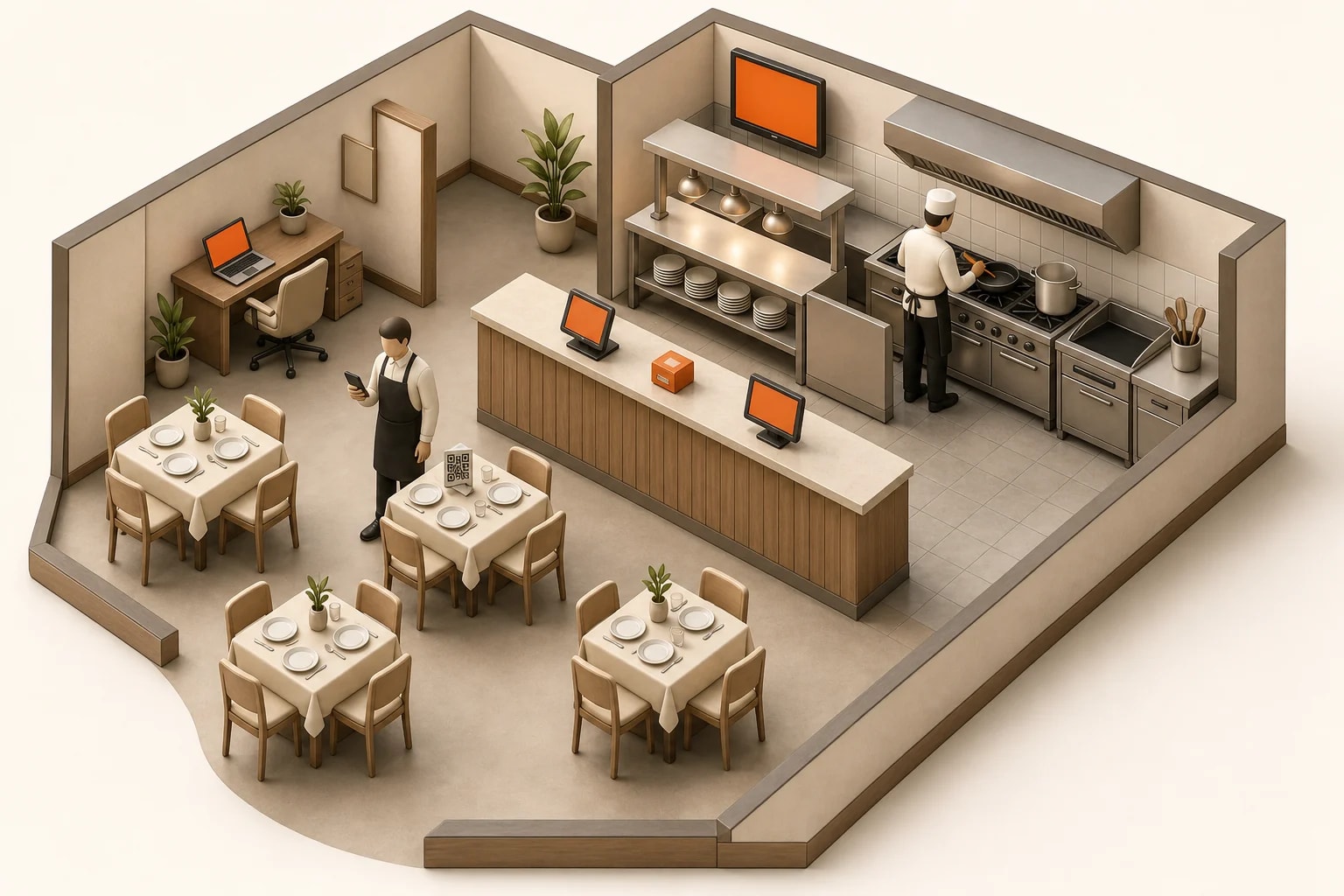 Cutaway restaurant seen from above at an angle: dining room with laid tables, a bar counter in the middle, a kitchen with a pass at the back and a small office corner.