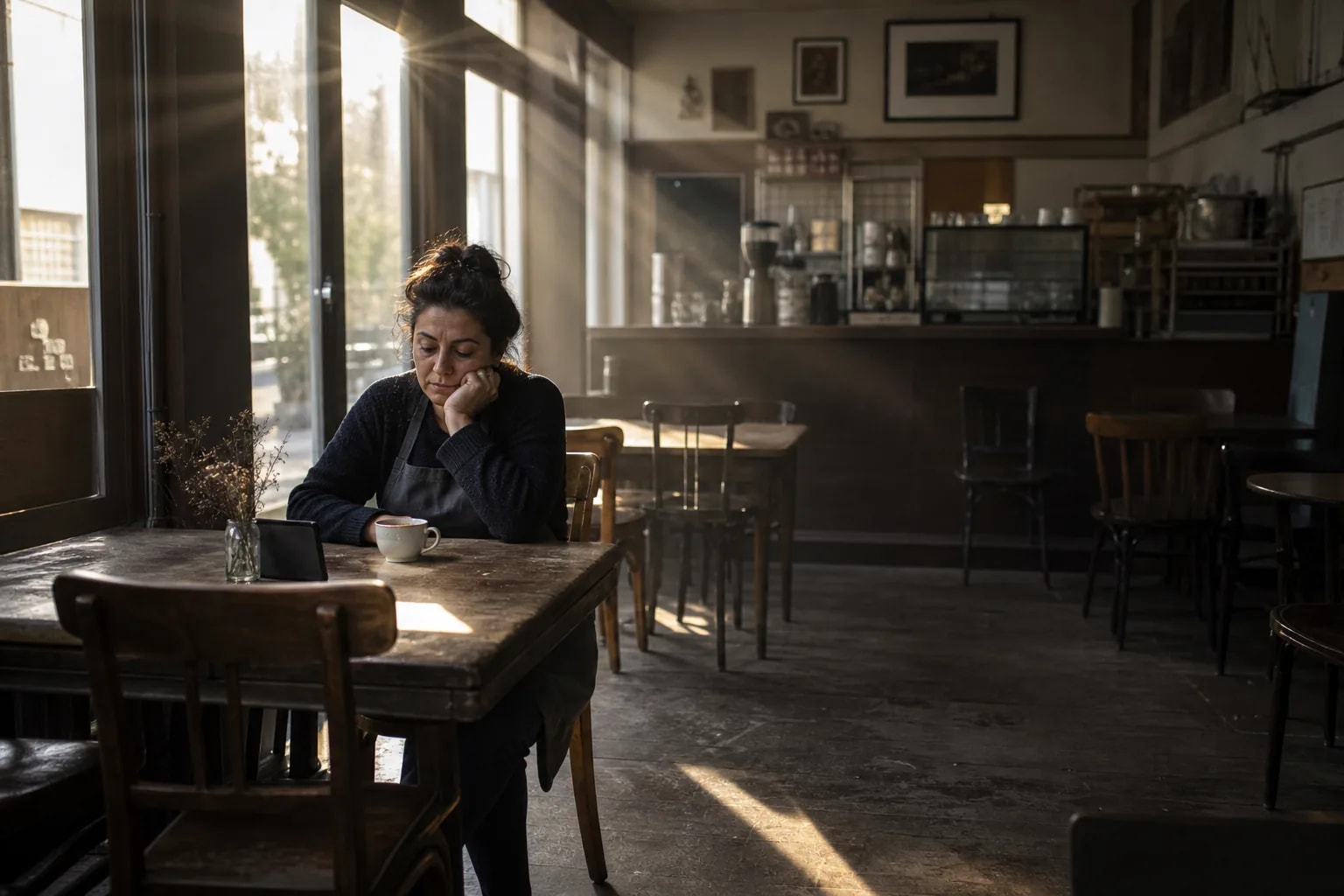 Owner going through the numbers with coffee and a tablet in the empty café in the morning
