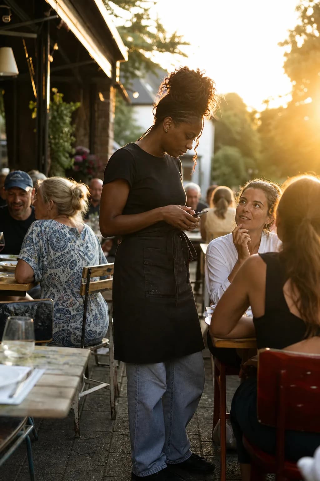 Waitress serving guests on the summer terrace