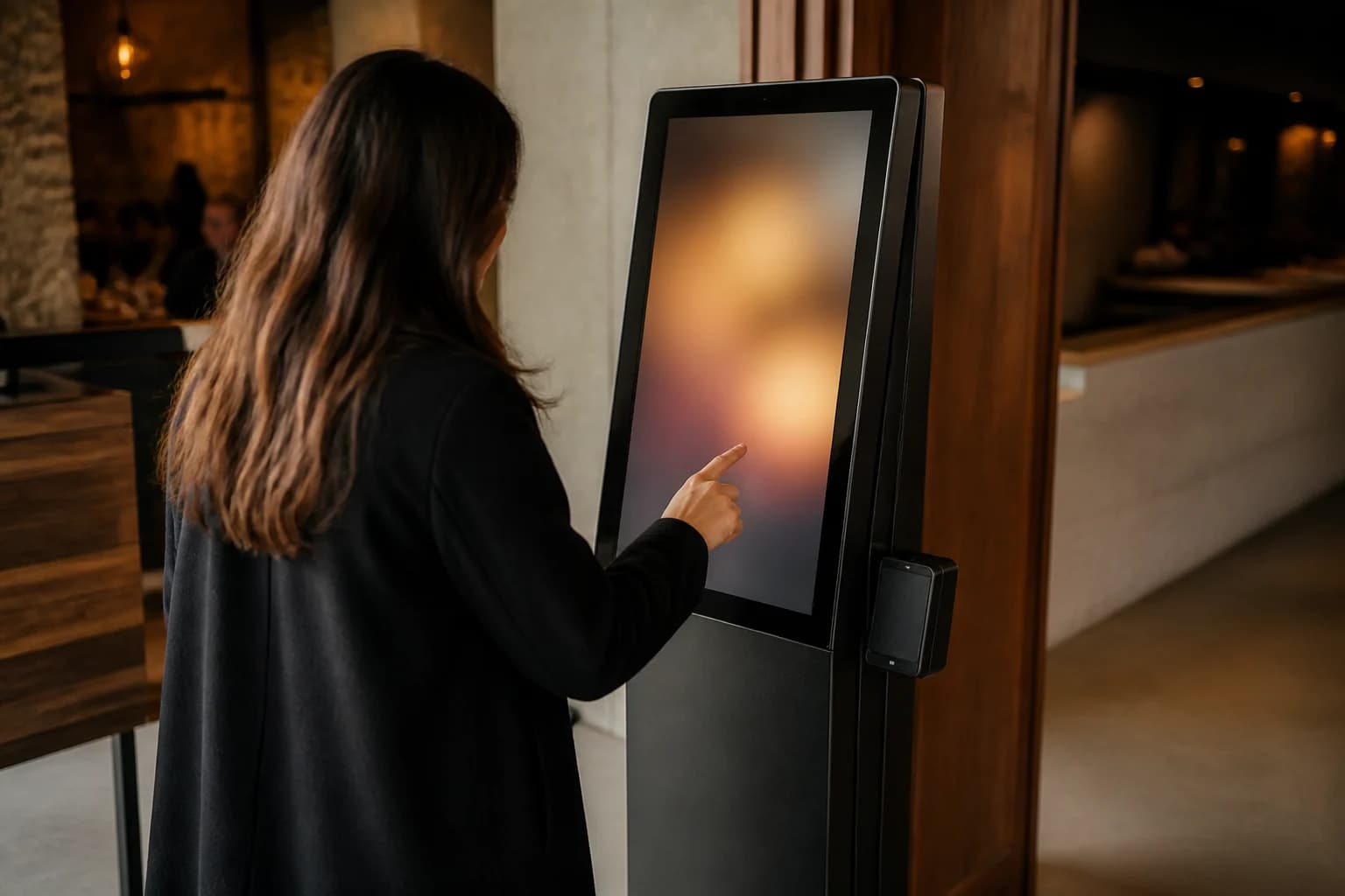 Guest orders at the touchscreen terminal next to the card reader