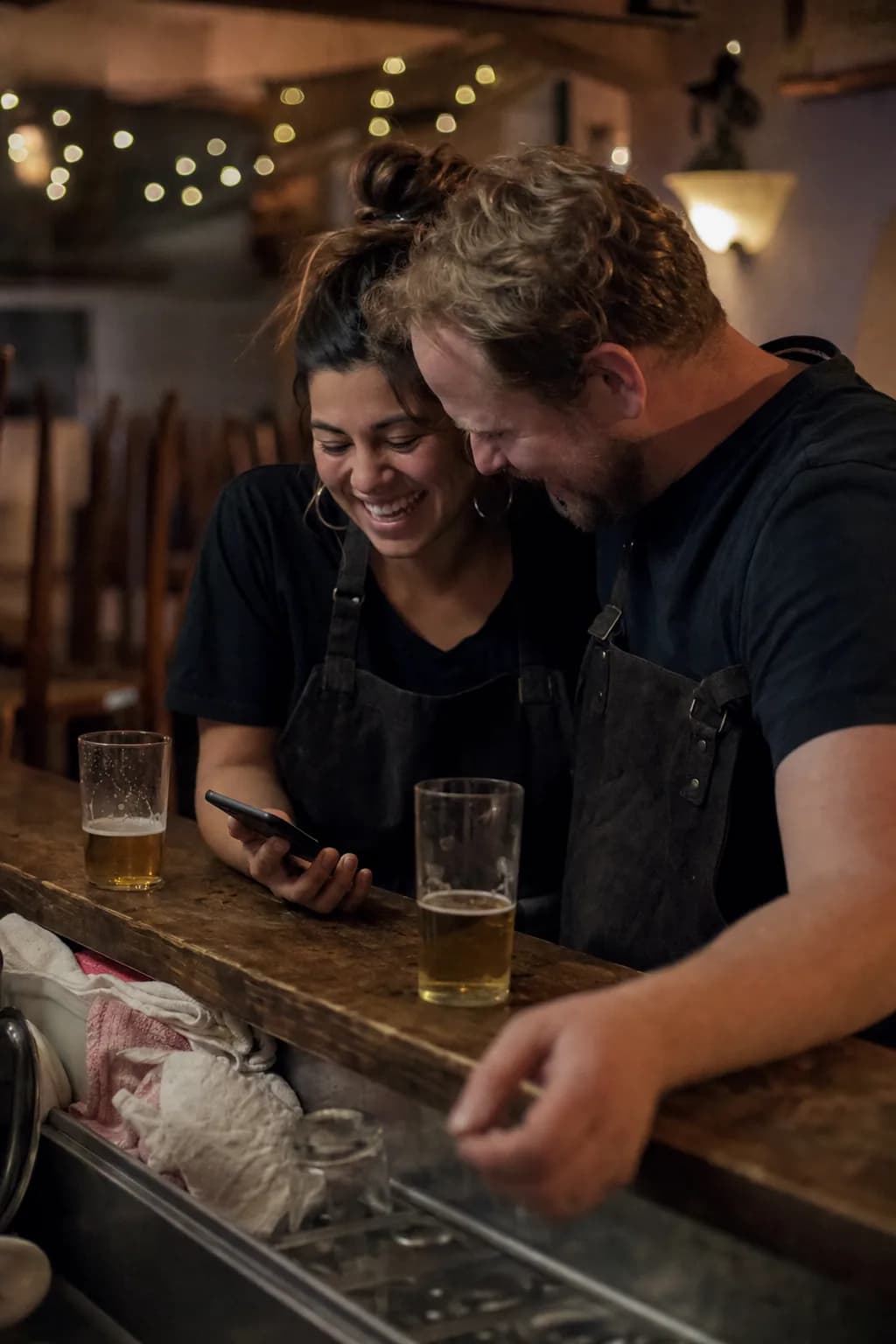 Zwei Kollegen aus dem Service schauen an der Theke gemeinsam auf ein Smartphone