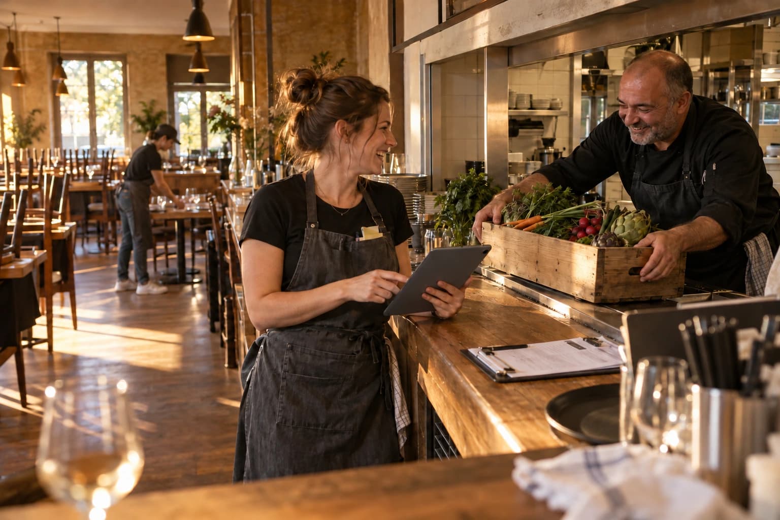 Servicekraft prüft lachend die Reservierungen auf dem Tablet, der Koch stellt eine Kiste frisches Gemüse auf den Pass, hinten wird eingedeckt