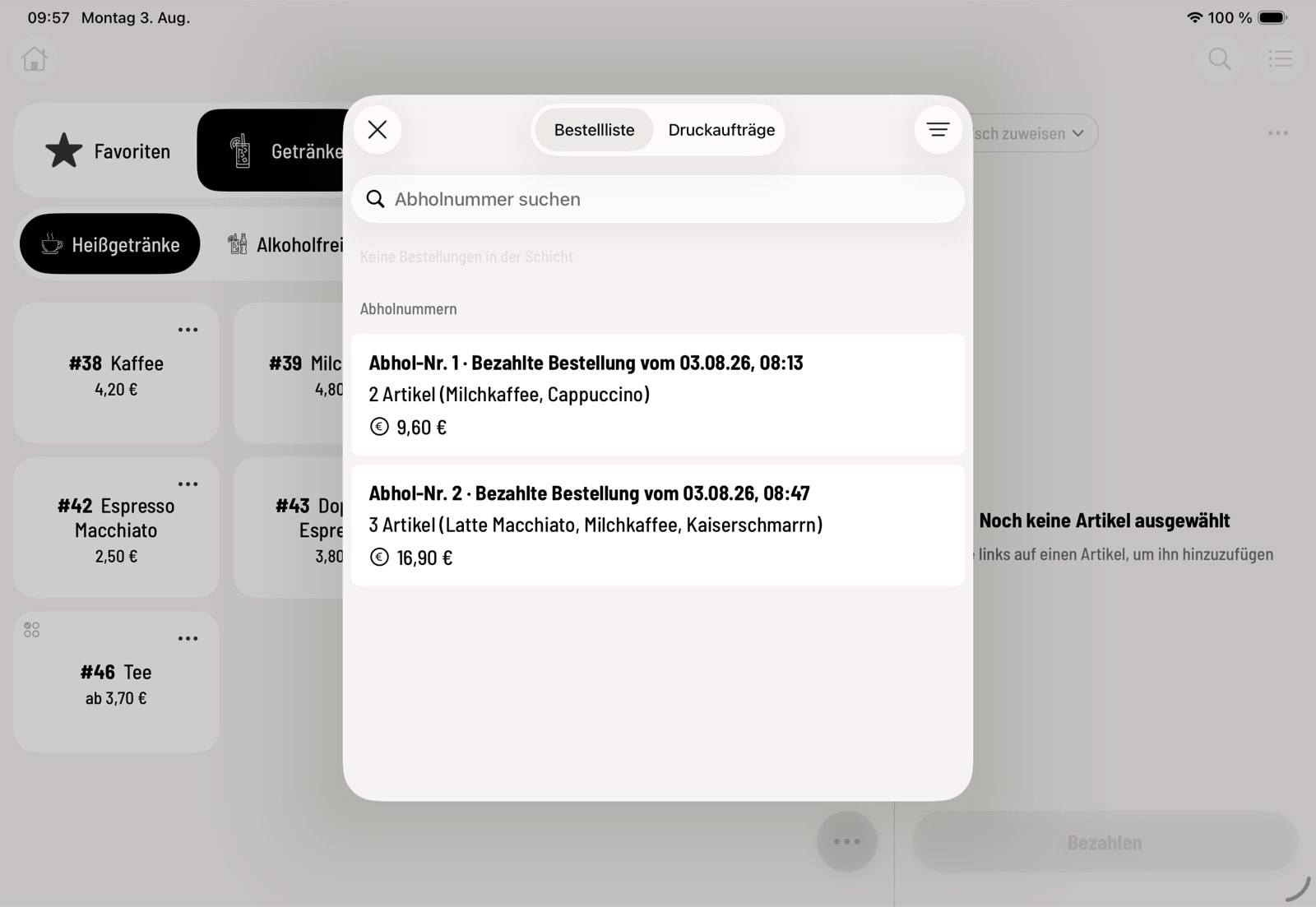 Order list with the section "Collection numbers" and the open transactions