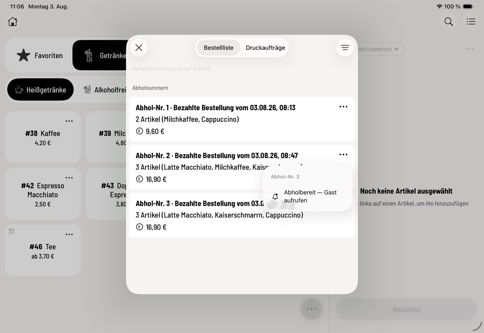 Bestellliste der Kassen-App, geöffnetes Menü mit dem Eintrag „Abholbereit — Gast aufrufen“