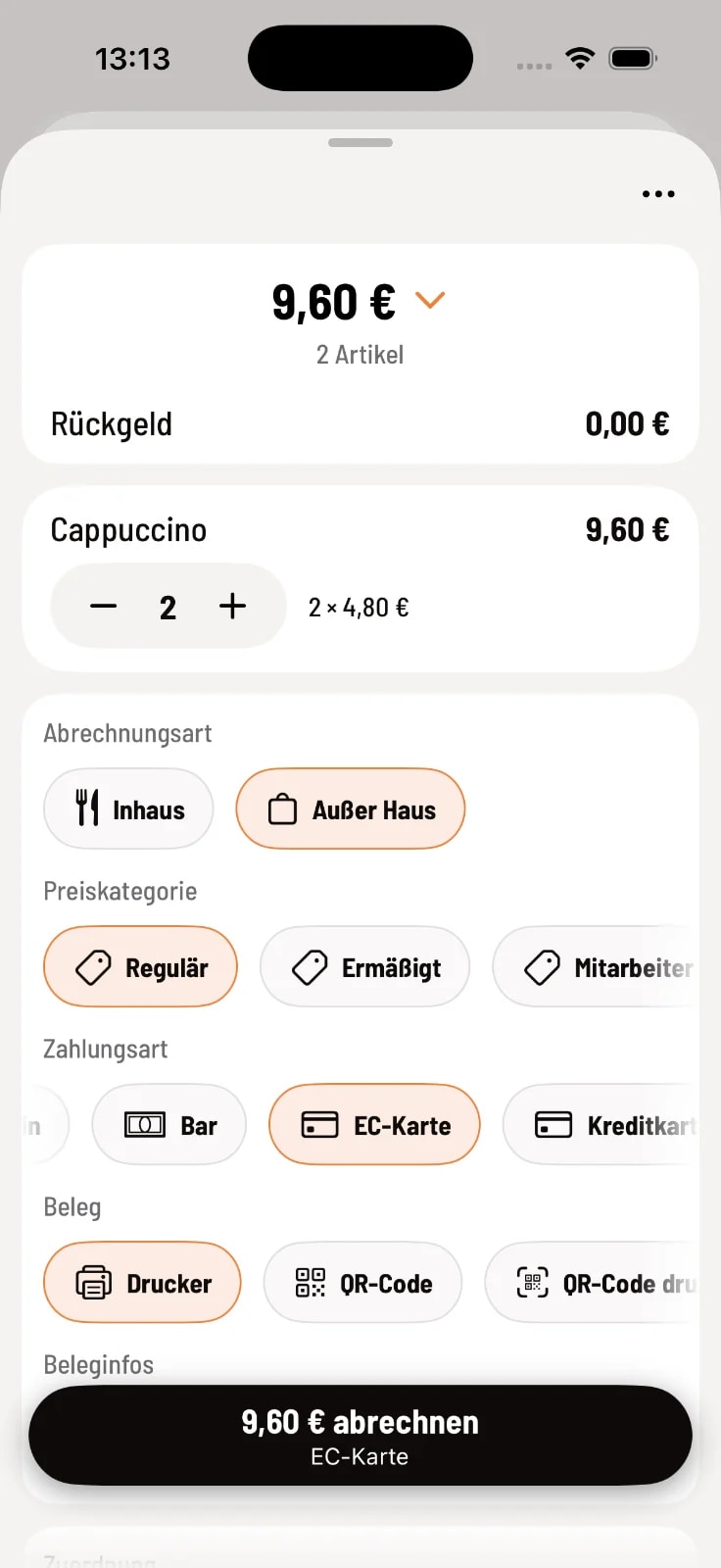 Express checkout with three items in the shopping cart, payment method "Takeaway" selected, no table assigned