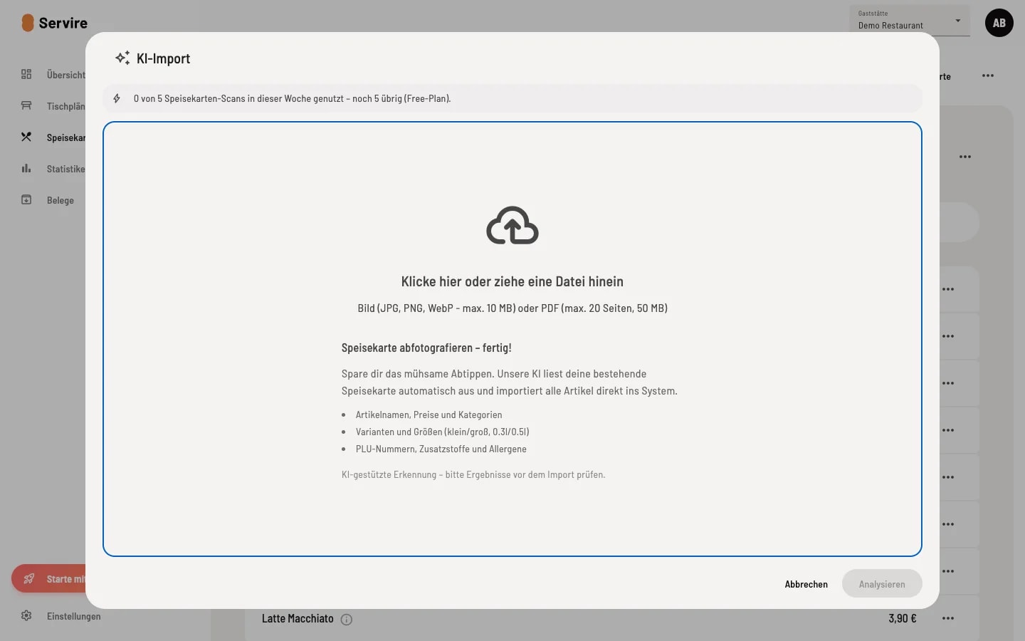 Dialog KI-Import mit Upload-Bereich für Bild- oder PDF-Datei und Erläuterung der unterstützten Inhalte Artikelnamen Preise Kategorien Varianten Größen PLU-Nummern Zusatzstoffe und Allergene sowie Nutzungs-Counter für die Free-Plan-Limits