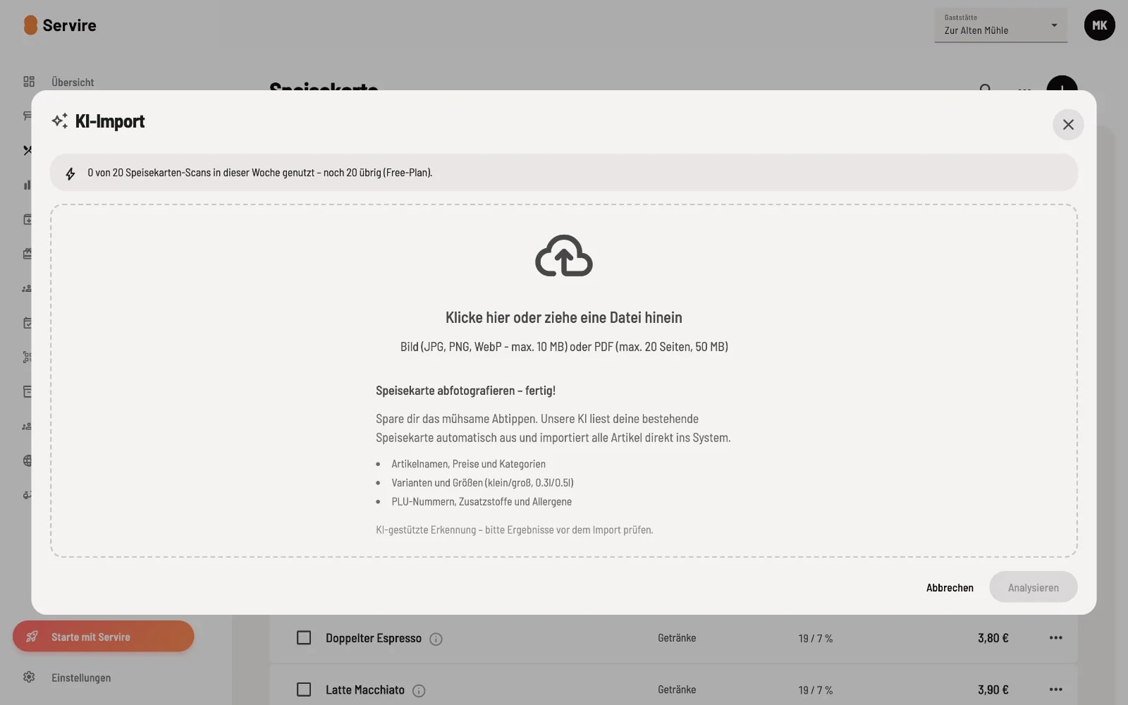 Dialog AI Import with upload area for image or PDF file and explanation of supported content: article names, prices, categories, variants, sizes, PLU numbers, additives and allergens, as well as usage counters for the free plan limits.