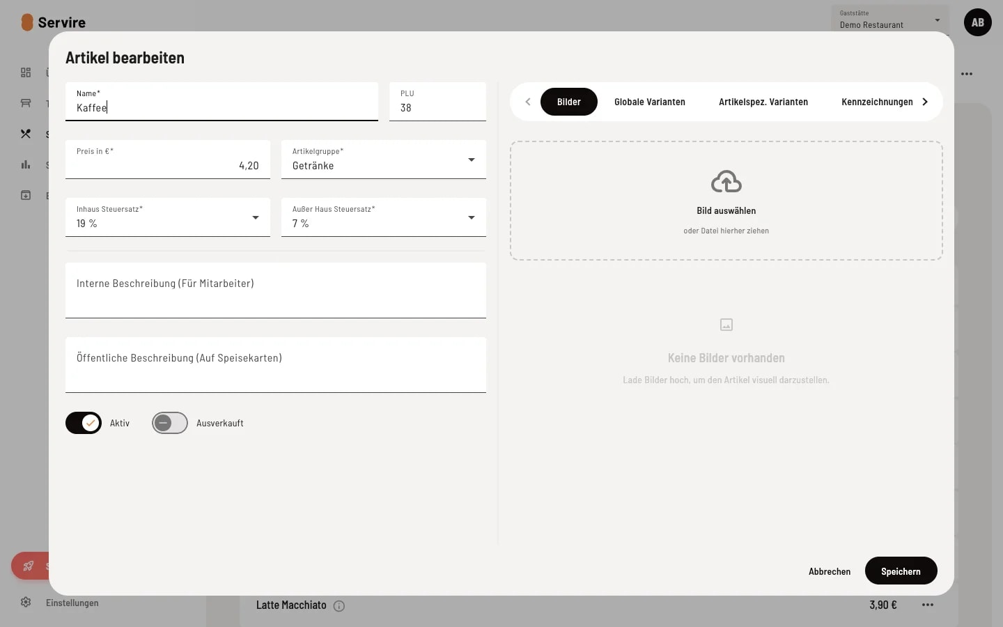 Artikel bearbeiten Dialog für Kaffee mit allen Feldern und Tabs Bilder, Globale Varianten, Artikelspezifische Varianten, Kennzeichnungen