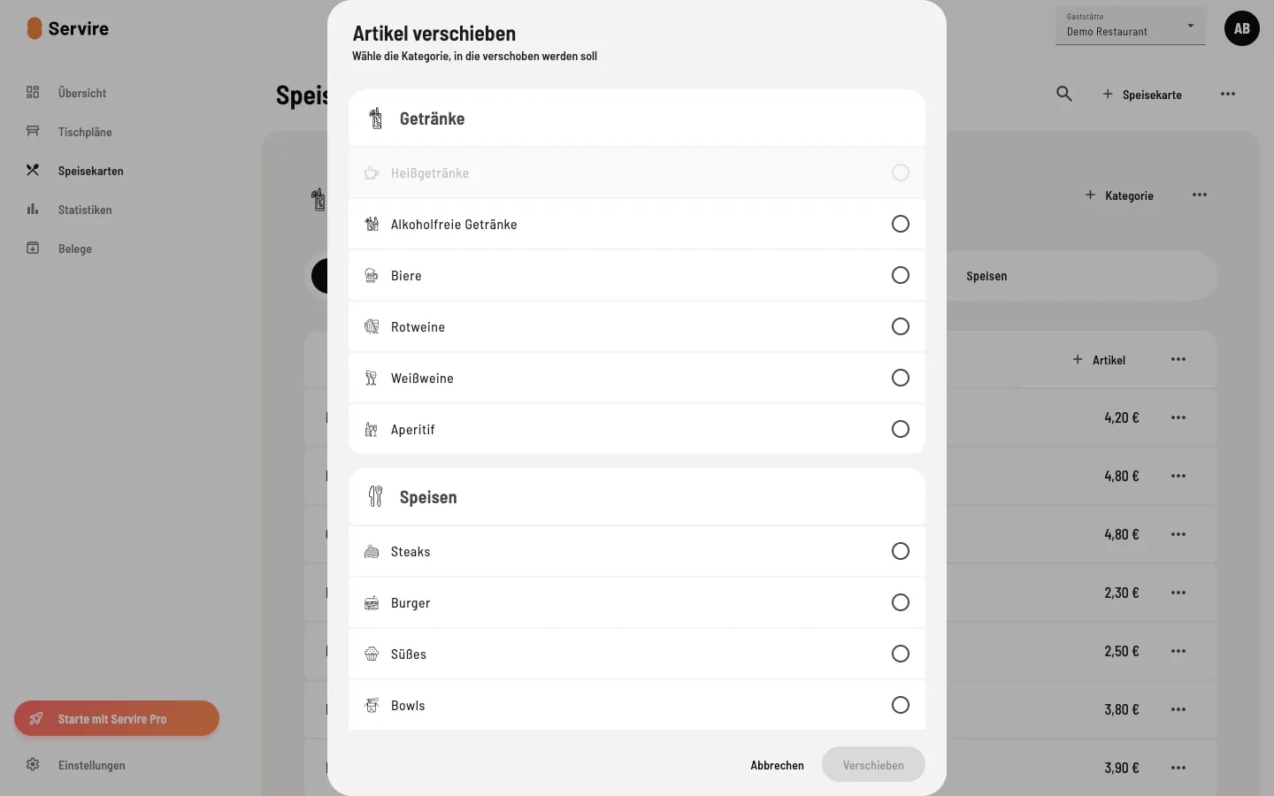 Dialog Artikel verschieben mit Dropdowns für Ziel-Speisekarte und Ziel-Kategorie