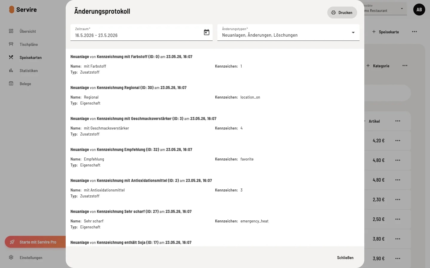 Dialog Änderungsprotokoll mit Zeitraum-Filter Änderungstypen-Filter Drucken-Button und chronologischer Liste der Neuanlagen Änderungen und Löschungen von Kennzeichnungen mit Datum Uhrzeit und Details