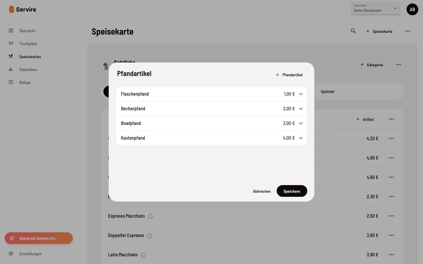 Dialog Pfandartikel mit Liste der vier Standard-Pfänder Flaschenpfand 1,00 € Becherpfand 2,00 € Bowlpfand 3,00 € Kastenpfand 4,00 € und Plus-Button zum Hinzufügen weiterer Pfandartikel