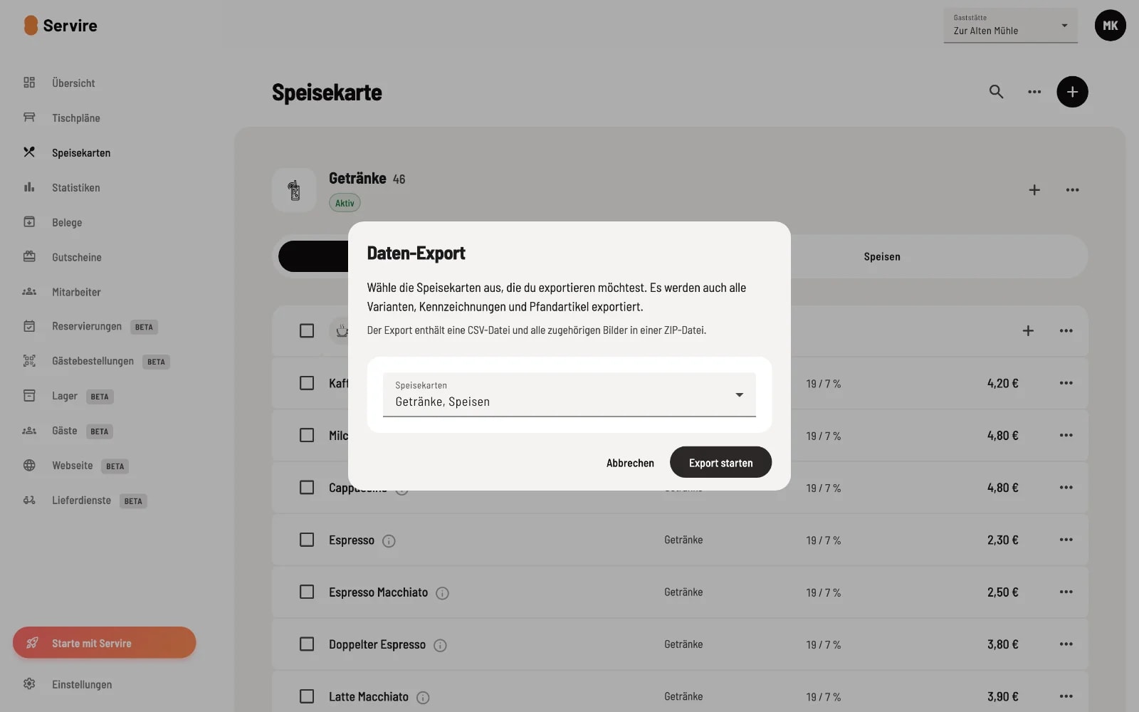 Dialog Daten-Export mit Speisekarten-Auswahl Getränke Speisen und Export-starten-Button mit Hinweis dass Varianten Kennzeichnungen und Pfandartikel mitexportiert werden