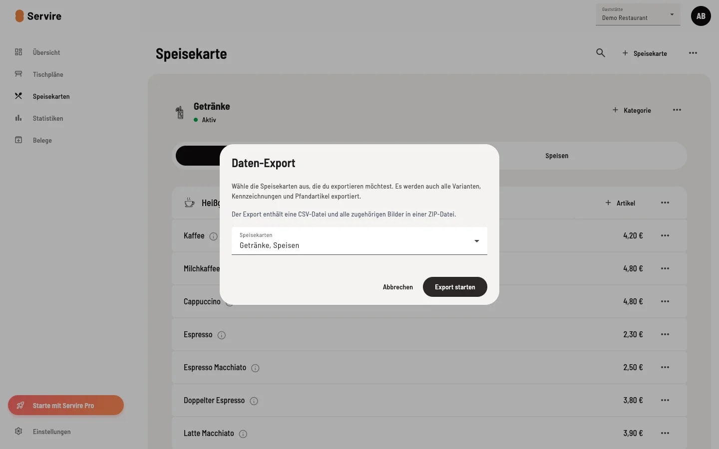 Dialog Daten-Export mit Speisekarten-Auswahl Getränke Speisen und Export-starten-Button mit Hinweis dass Varianten Kennzeichnungen und Pfandartikel mitexportiert werden
