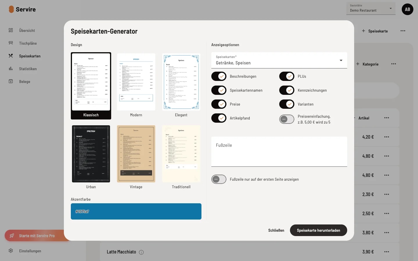 Dialog Speisekarten-Generator mit sechs Design-Vorlagen Klassisch Modern Elegant Urban Vintage Traditionell sowie Anzeigeoptionen für Beschreibungen Speisekartennamen Preise Artikelpfand PLUs Kennzeichnungen Varianten und Preiseinrückung sowie Akzentfarbe-Auswahl