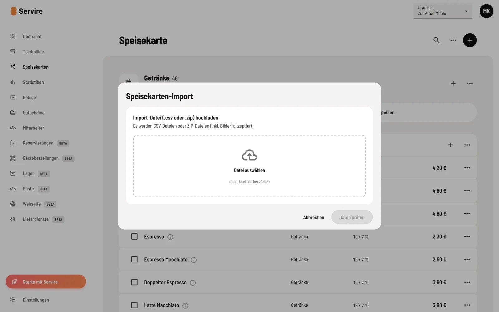 Menu import dialog with upload area for CSV or ZIP file and information on accepted formats.