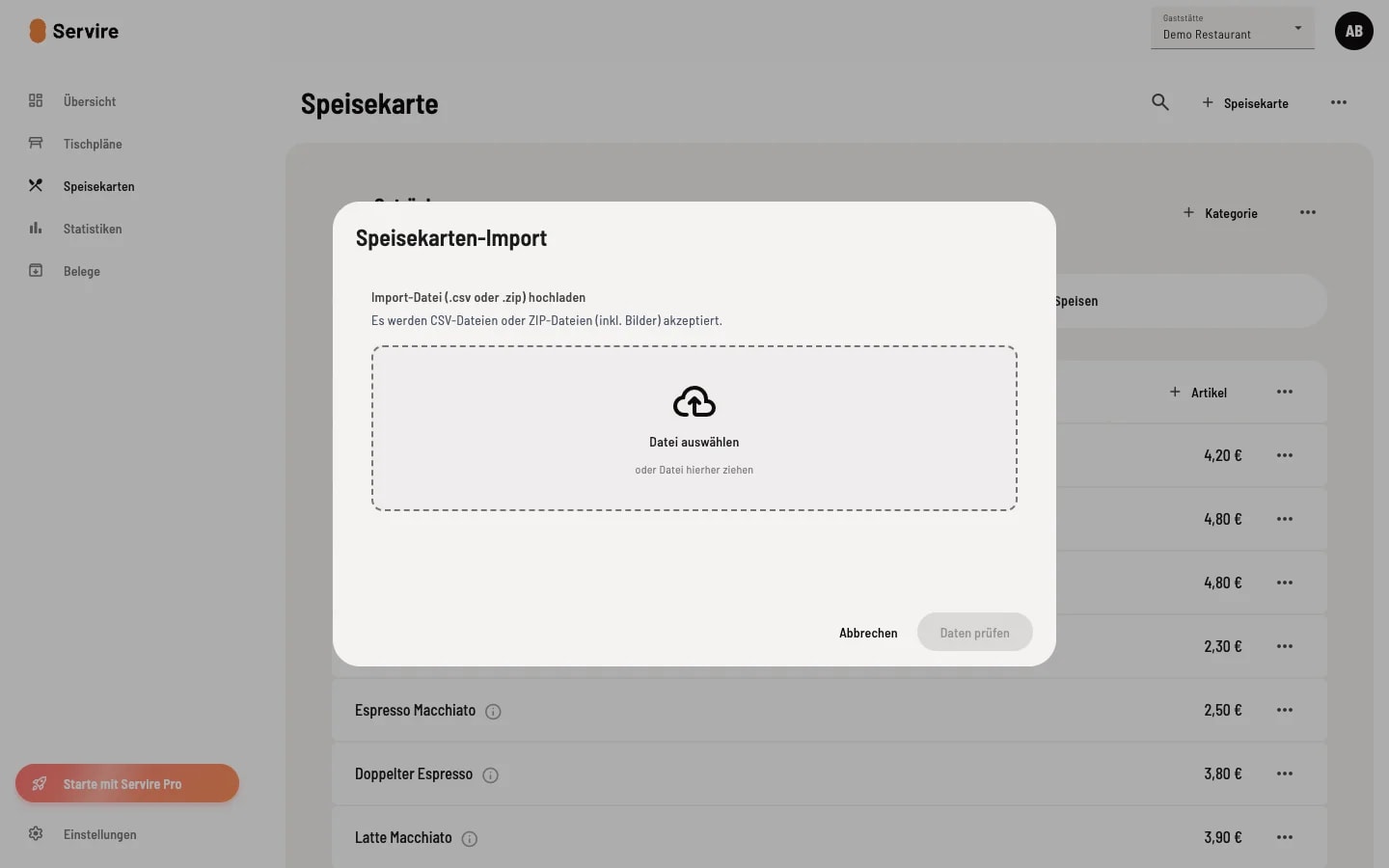 Dialog Speisekarten-Import mit Upload-Bereich für CSV oder ZIP-Datei und Hinweis auf akzeptierte Formate