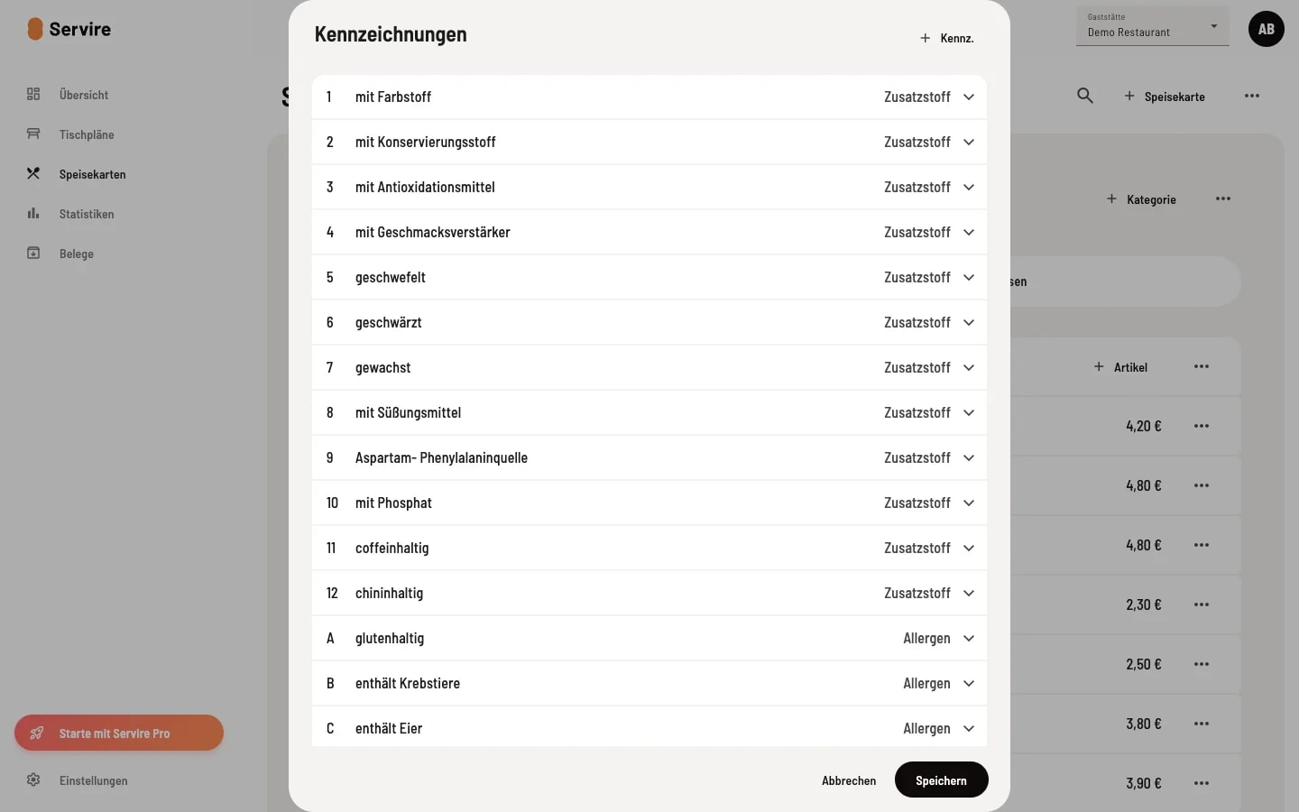 Dialog Kennzeichnungen mit Liste durchnummerierter Zusatzstoffe von 1 mit Farbstoff bis 12 chininhaltig und Allergenen ab Buchstabe A glutenhaltig B enthält Krebstiere C enthält Eier sowie Plus-Button zum Anlegen neuer Kennzeichnungen