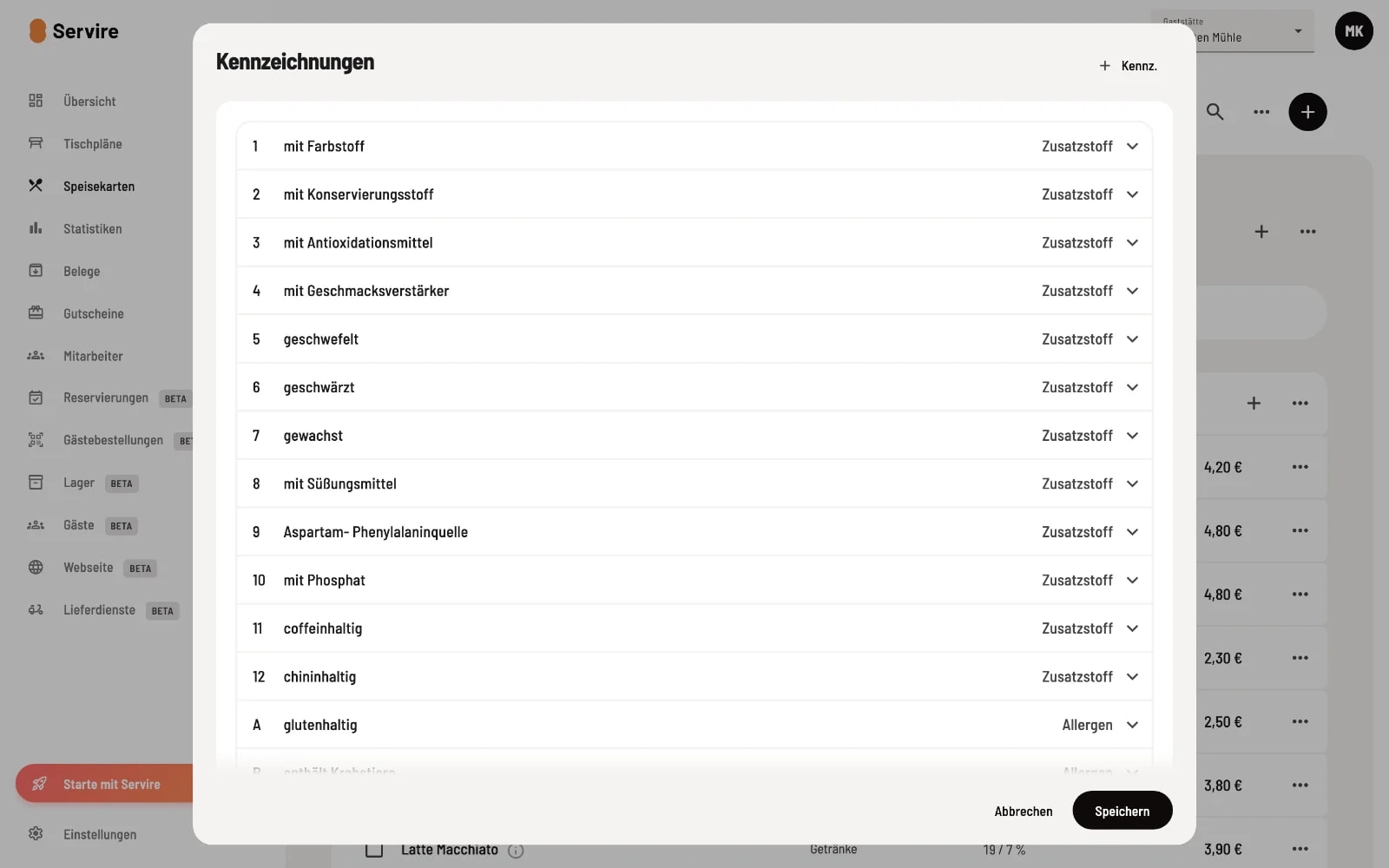 Dialog Kennzeichnungen mit Liste durchnummerierter Zusatzstoffe von 1 mit Farbstoff bis 12 chininhaltig und Allergenen ab Buchstabe A glutenhaltig B enthält Krebstiere C enthält Eier sowie Plus-Button zum Anlegen neuer Kennzeichnungen