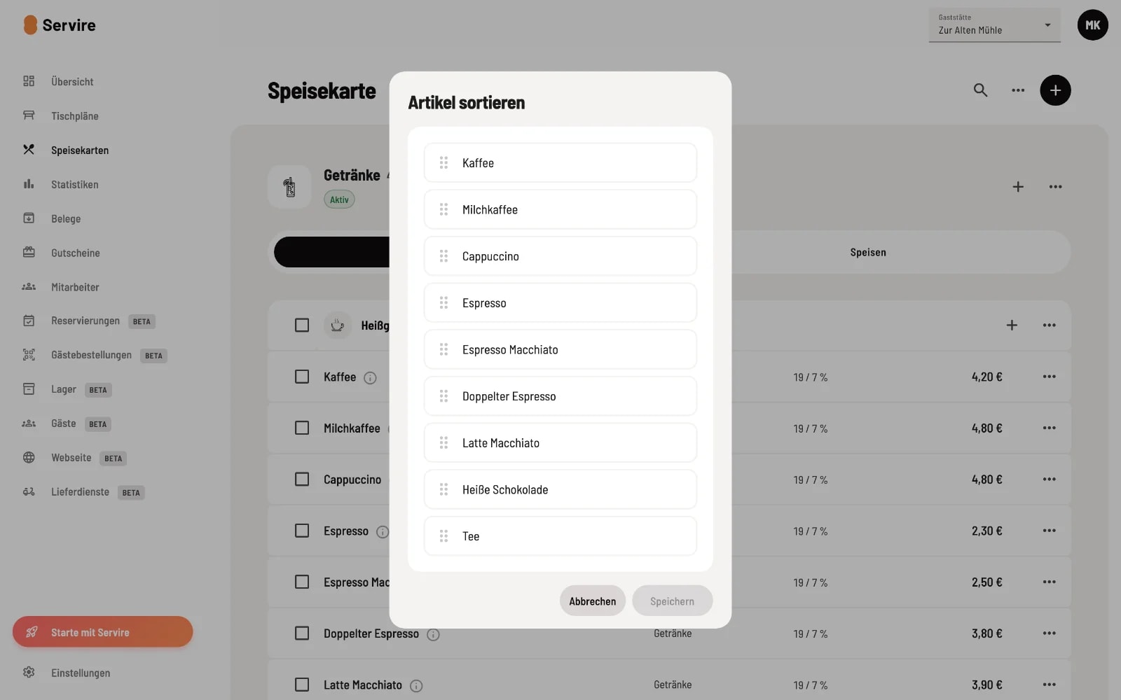 Dialog sorting of items using a drag-and-drop sortable list of hot beverage items