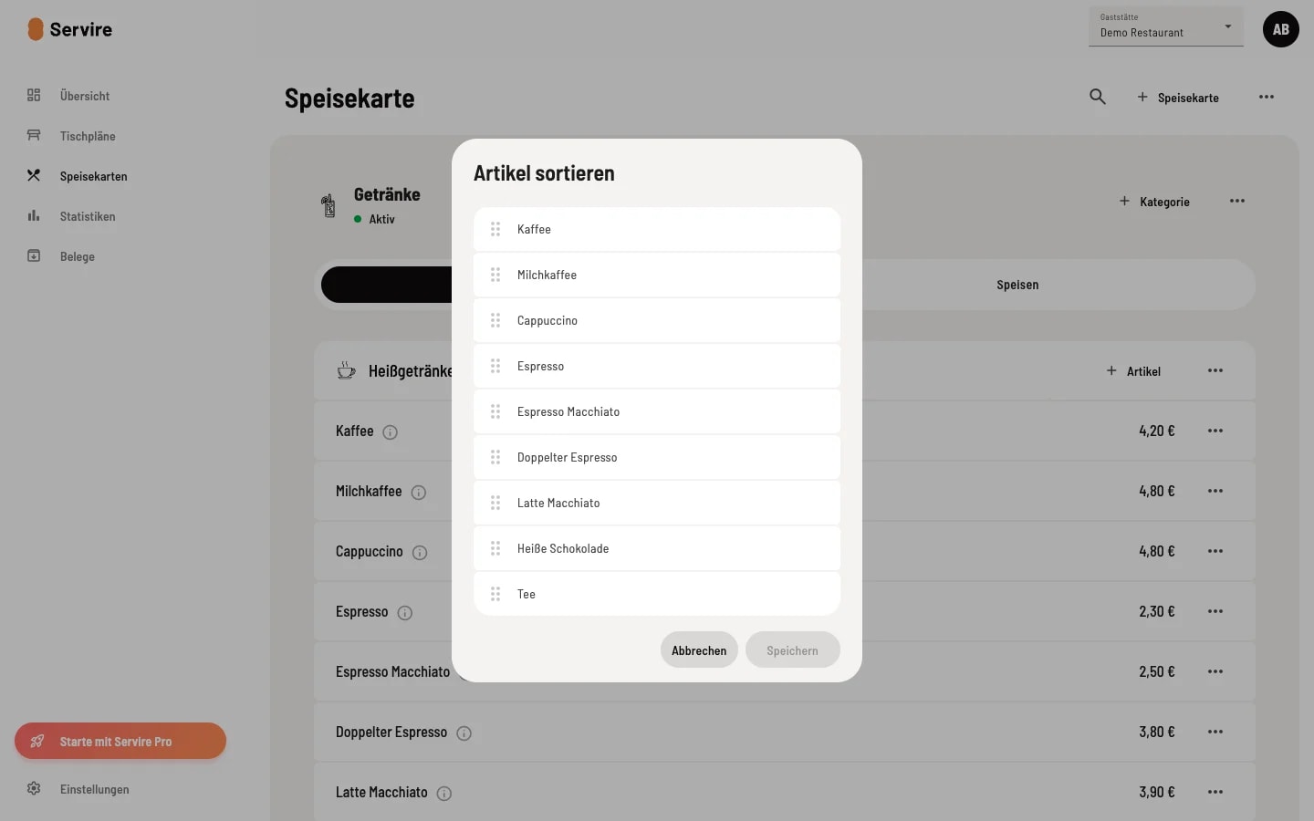 Dialog sorting of items using a drag-and-drop sortable list of hot beverage items