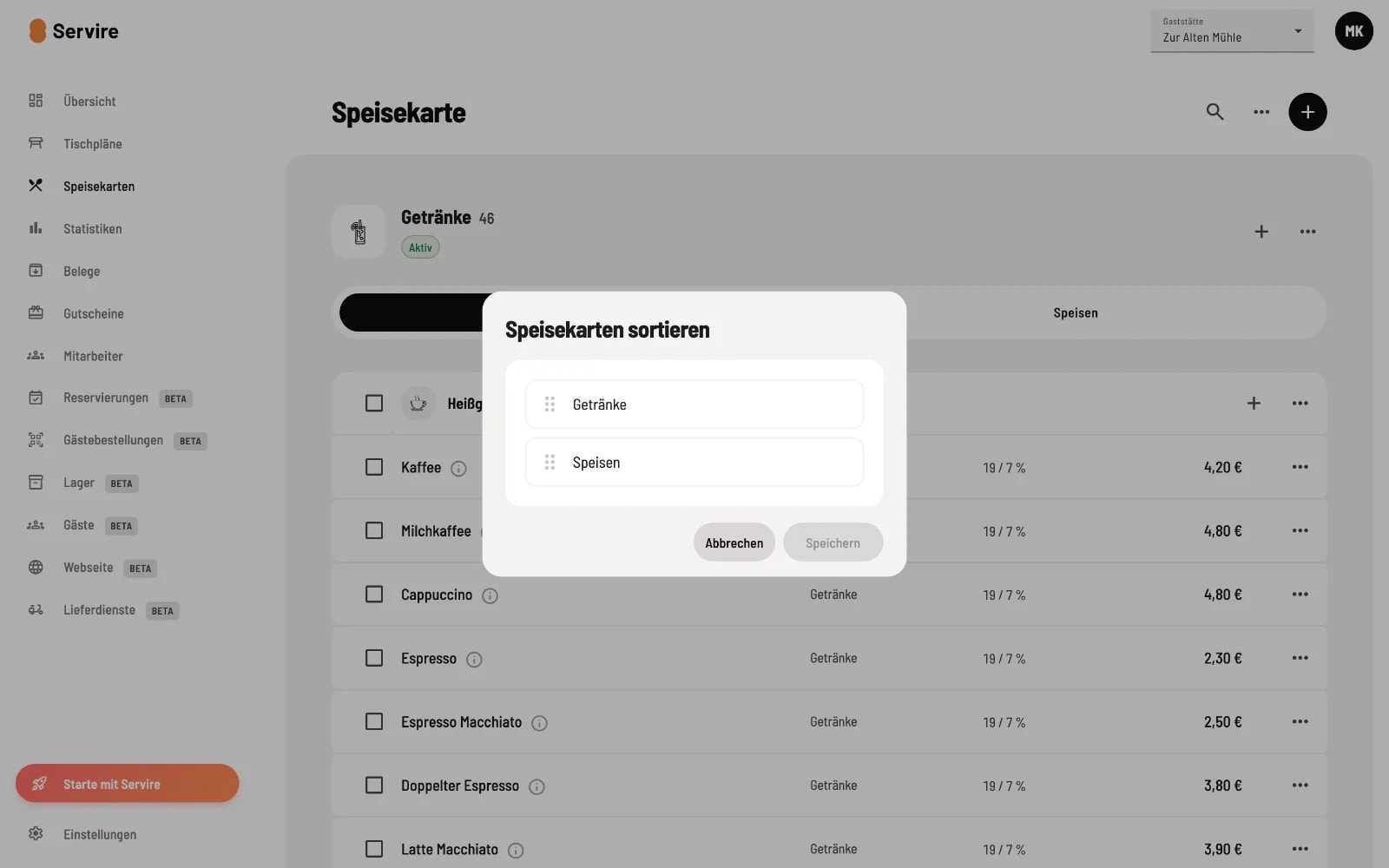 Dialog menu sorting with drag-and-drop sortable list: Drinks and Food