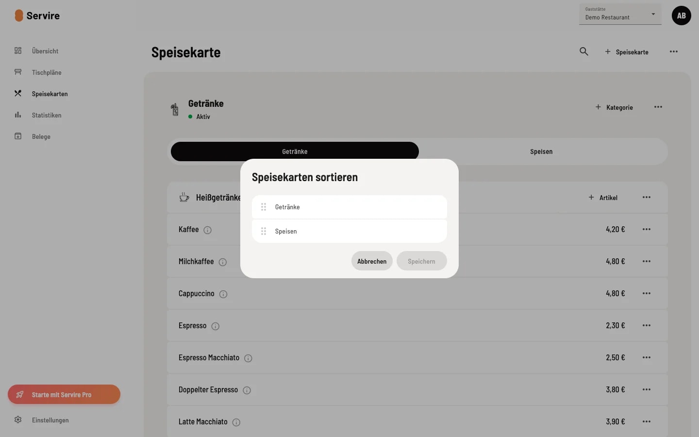 Dialog menu sorting with drag-and-drop sortable list: Drinks and Food