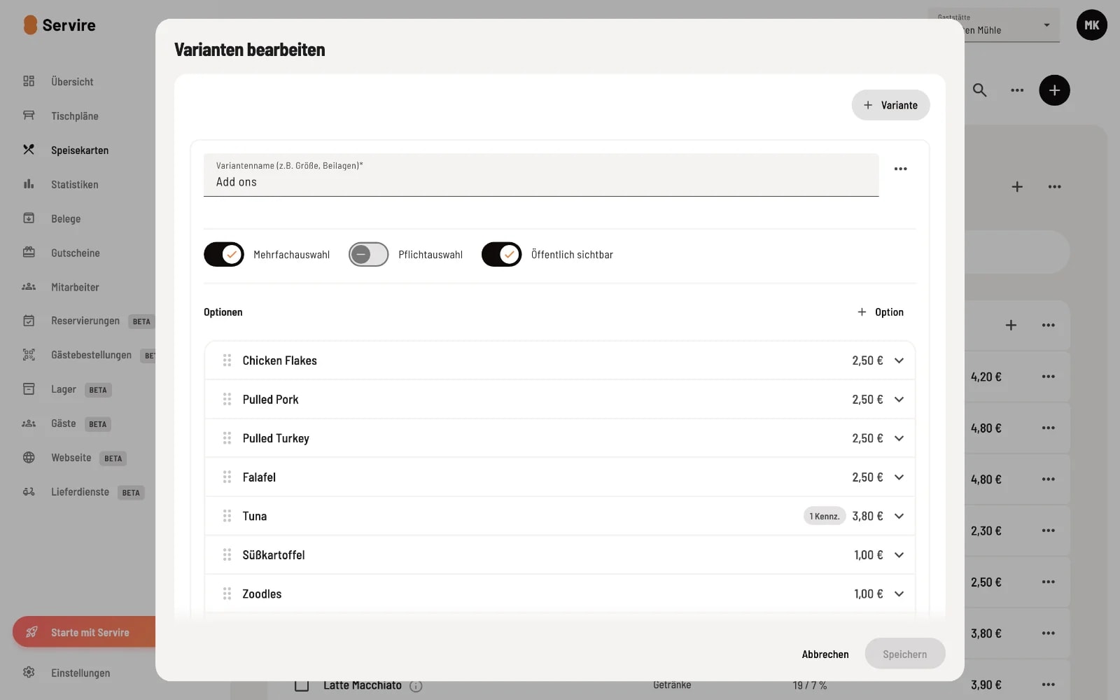 Dialog Varianten bearbeiten mit Variantengruppe Add ons, Schaltern für Mehrfachauswahl Pflichtauswahl Öffentlich sichtbar und sortierbarer Optionsliste
