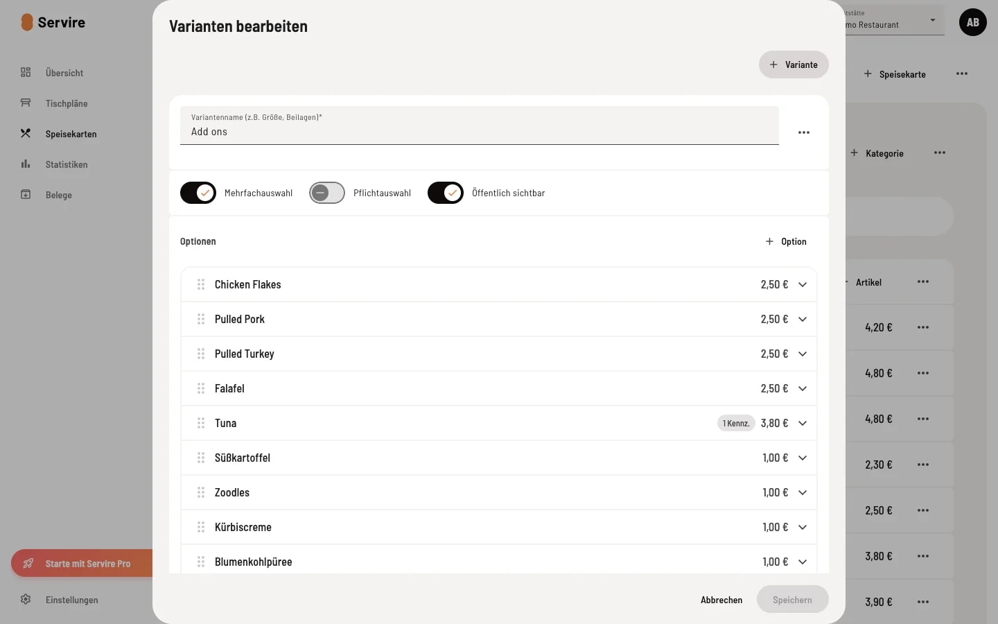 Dialog Varianten bearbeiten mit Variantengruppe Add ons, Schaltern für Mehrfachauswahl Pflichtauswahl Öffentlich sichtbar und sortierbarer Optionsliste