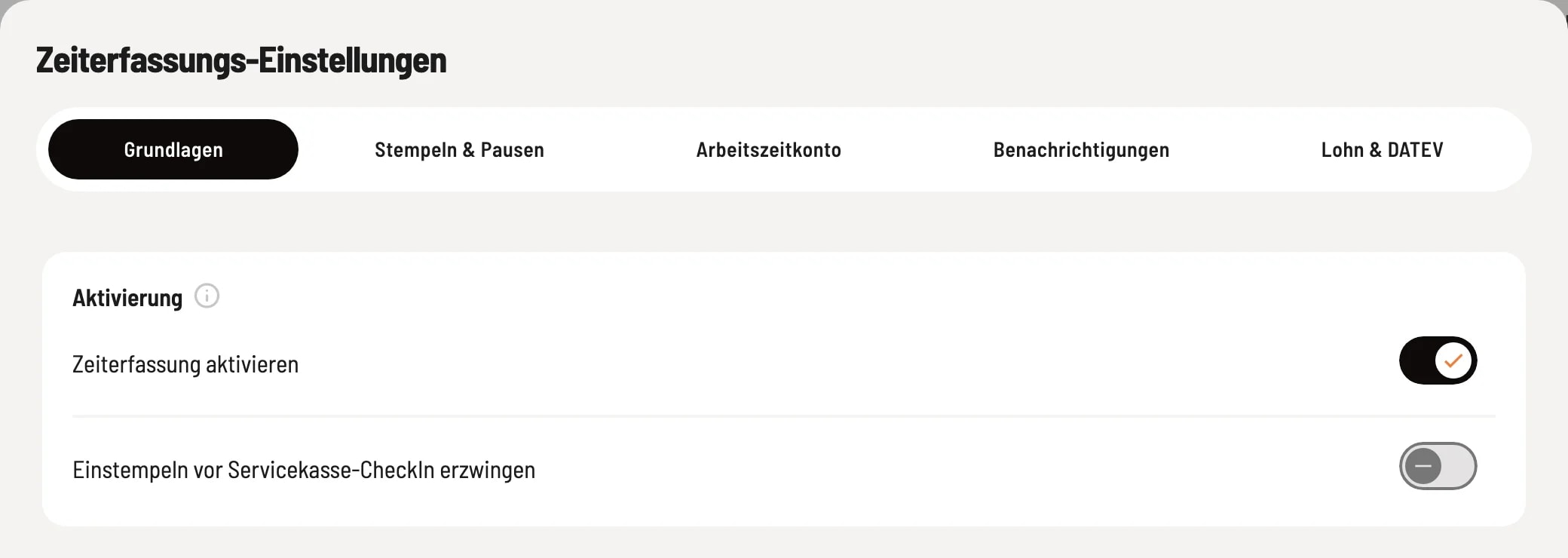 The "Basic Time Tracking Settings" tab includes the switches "Activate Time Tracking" and "Force Clock In Before Service Check-In".