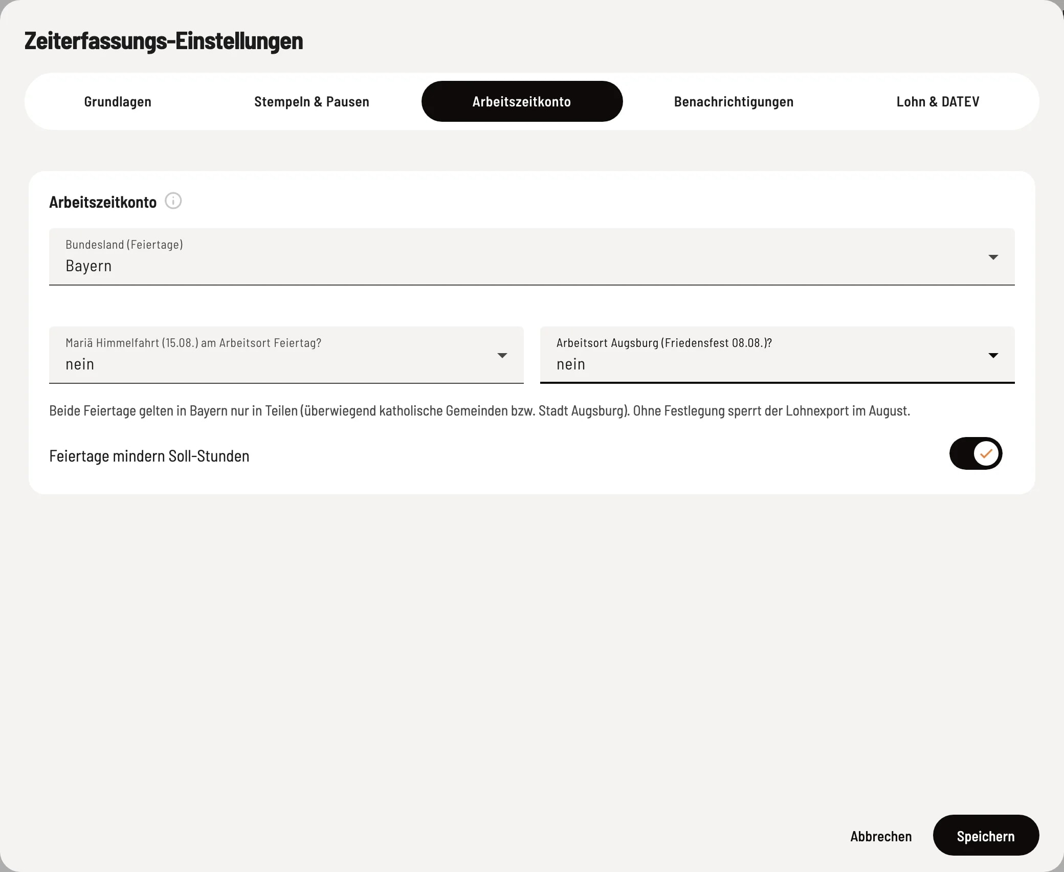 Tab for working time account with federal state, questions about the Assumption of Mary and the Augsburg Peace Festival and the switch for reducing target hours for public holidays
