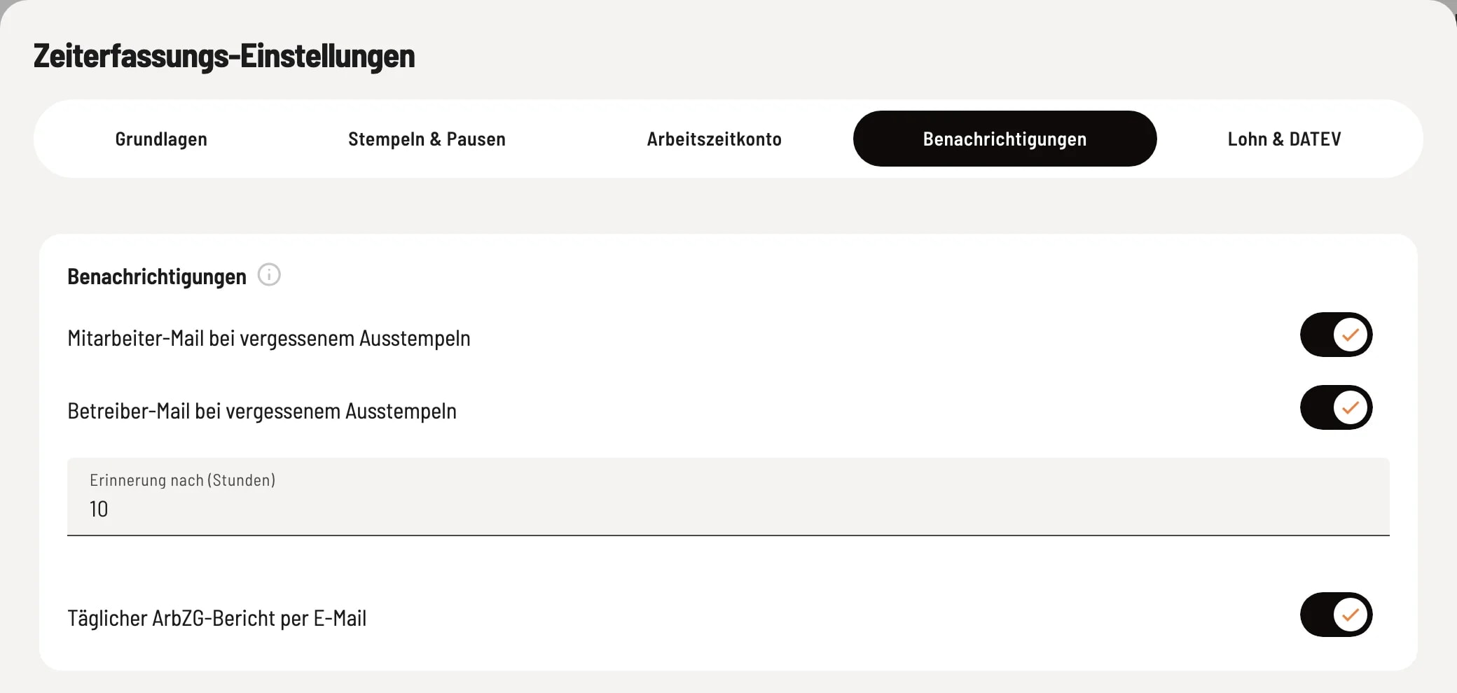 Rider notifications with reminder emails for forgotten clocking out and the daily working time law report