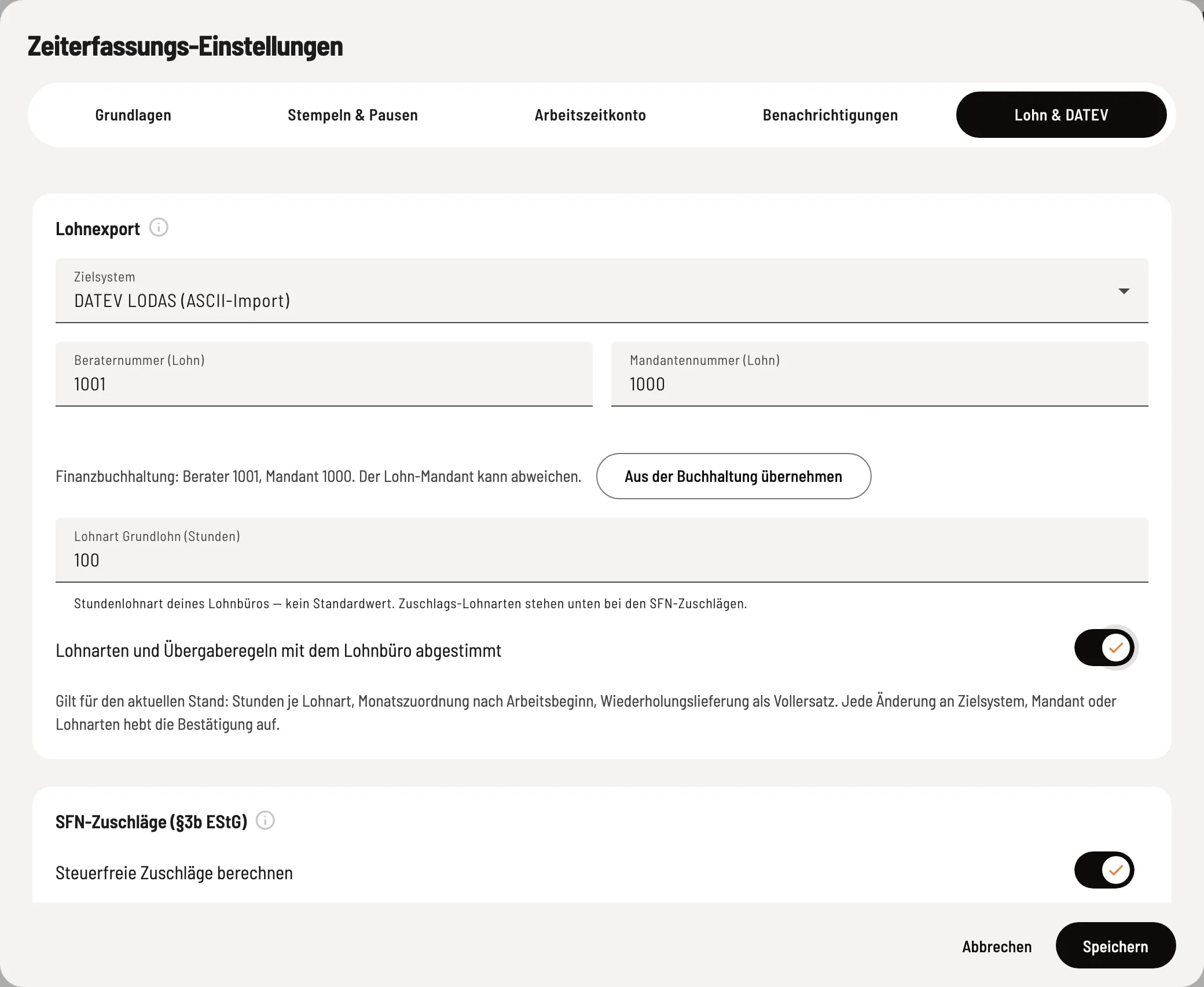 The payroll and DATEV tab includes the target system, consultant number, client number, basic wage type, and the switch for reconciliation with the payroll office.