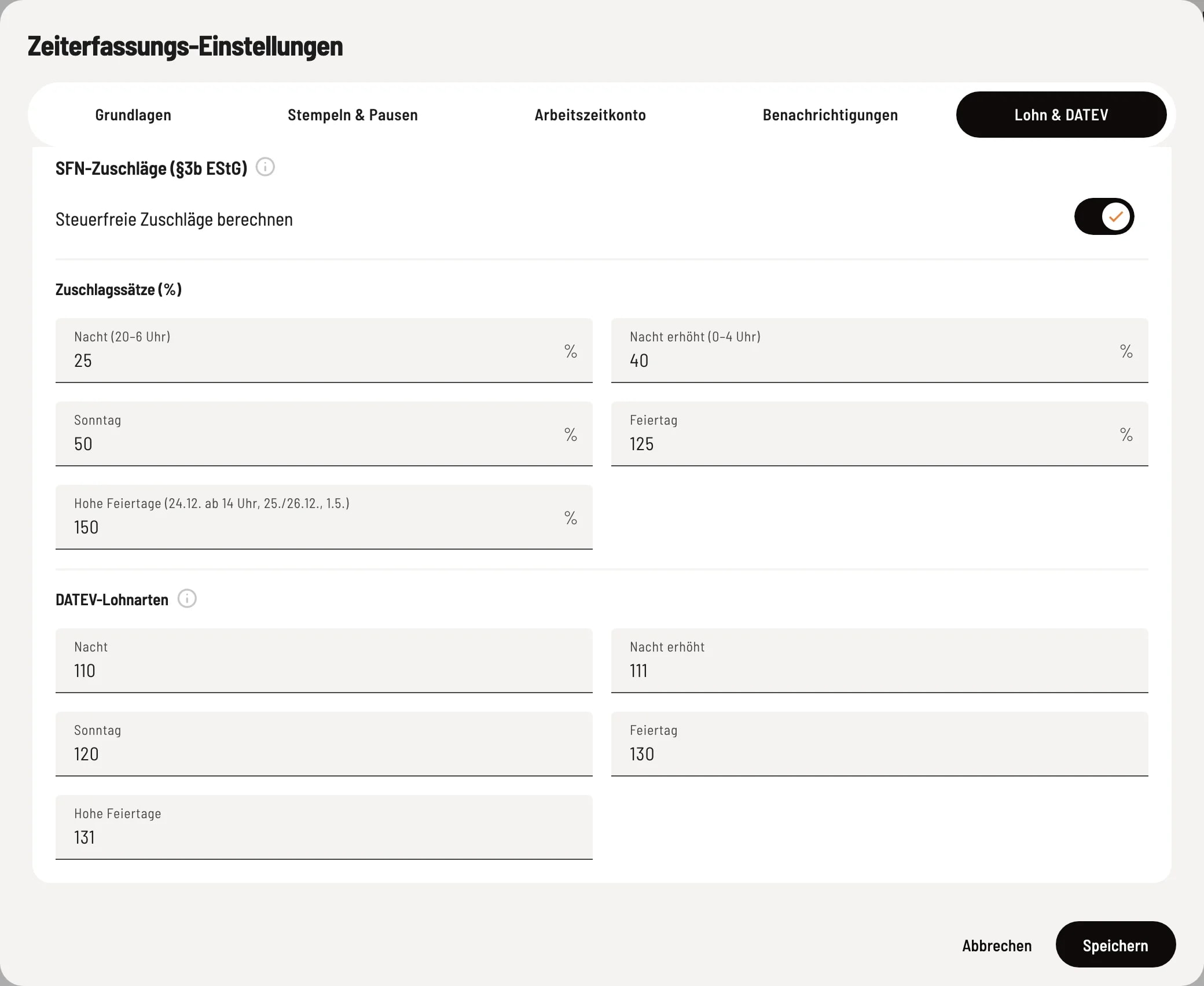 DATEV wage types section with the fields Night, Night Increased, Sunday, Public Holiday and High Holidays