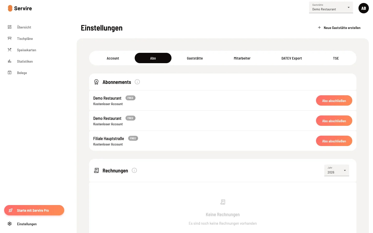 Abo-Tab im Servire Web desk mit drei Gaststätten im Free-Plan und der Übersicht über Rechnungen