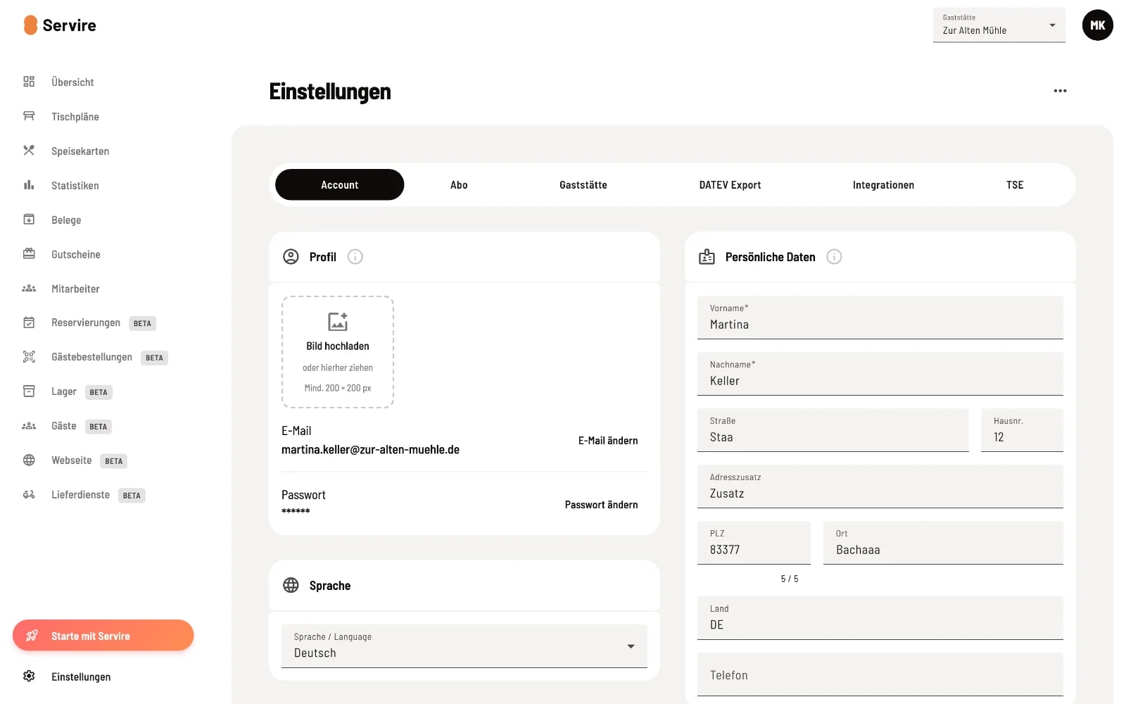 Account-Tab im Servire Web desk mit Profilbild-Upload, E-Mail, Passwort und persönlichen Daten
