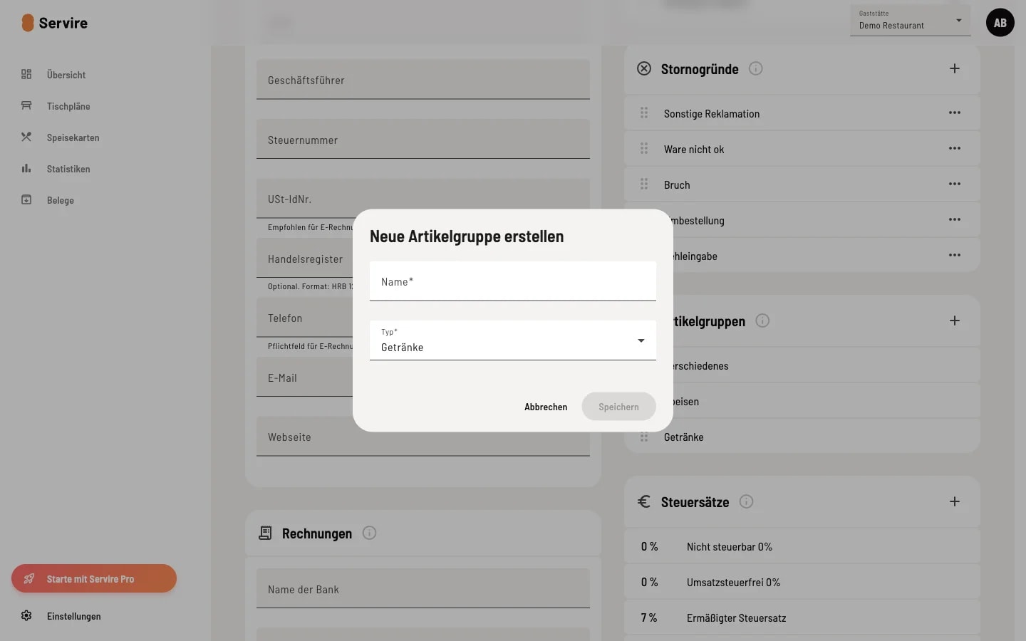 Dialog 'Neue Artikelgruppe erstellen' mit Feldern Name und Typ (Getränke)