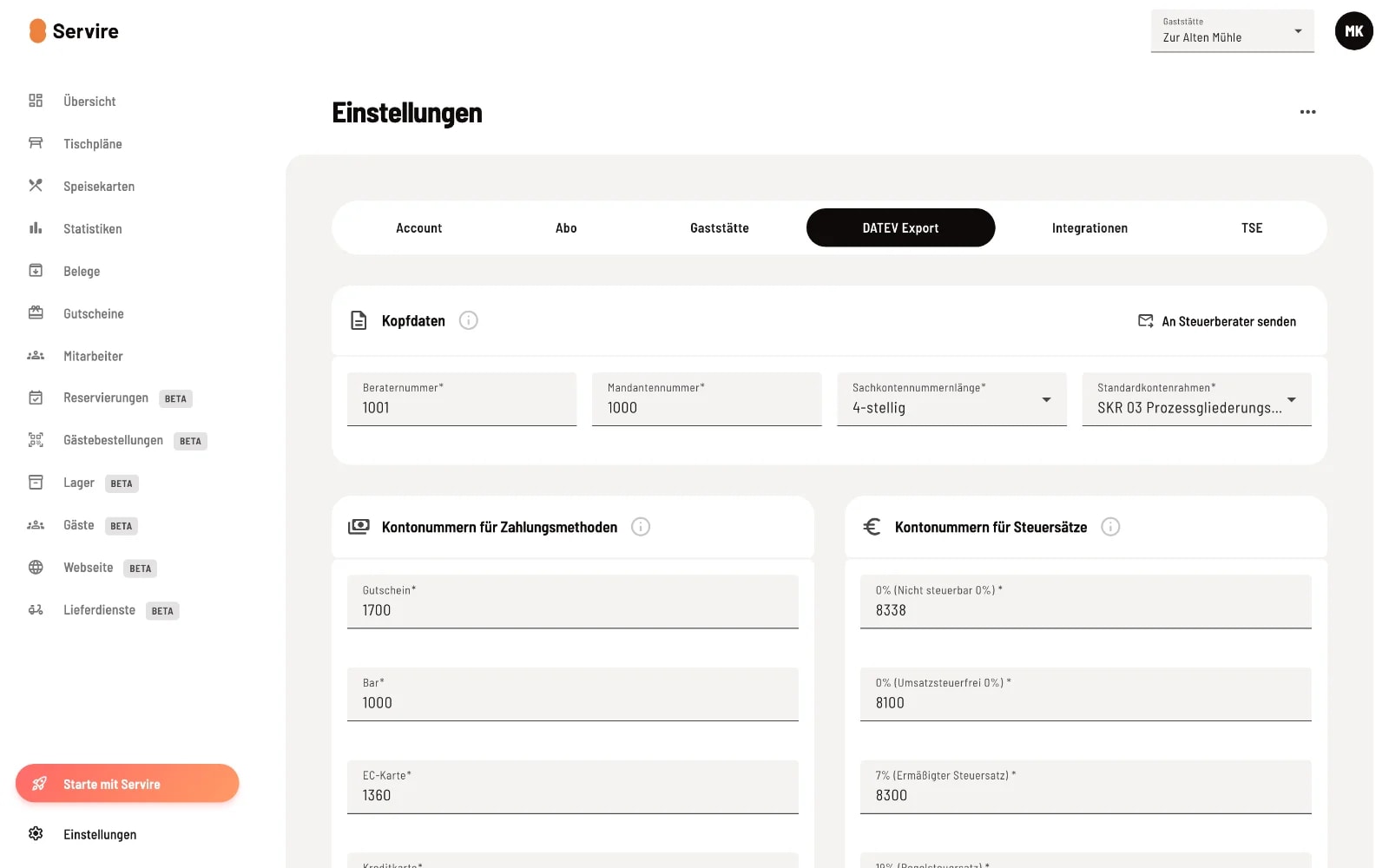 DATEV-Export-Tab im Servire Web desk mit Kopfdaten (Beraternummer, Mandantennummer, Sachkontennummernlänge, Standardkontenrahmen) sowie Kontonummern für Zahlungsmethoden und Steuersätze