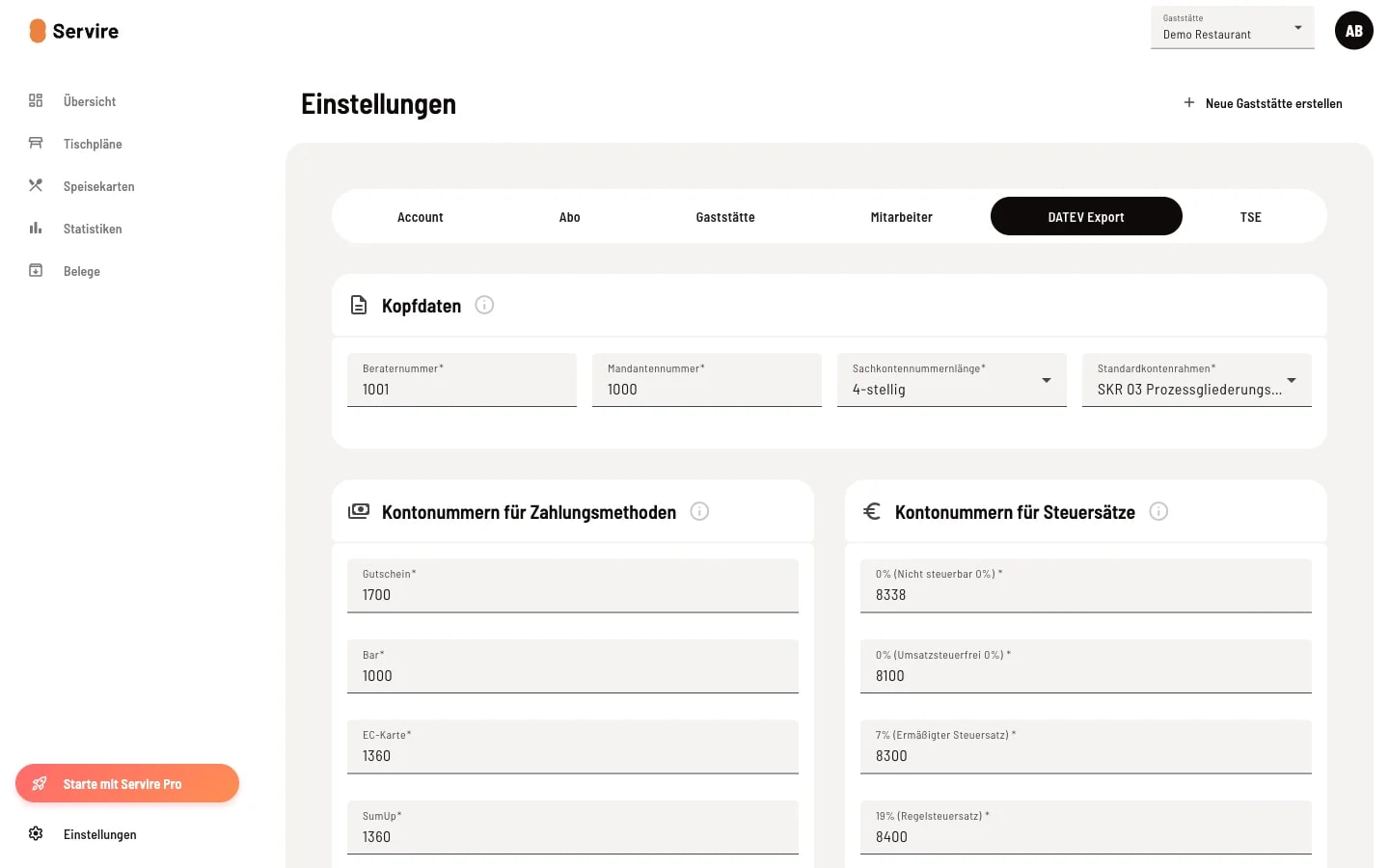 DATEV-Export-Tab im Servire Web desk mit Kopfdaten (Beraternummer, Mandantennummer, Sachkontennummernlänge, Standardkontenrahmen) sowie Kontonummern für Zahlungsmethoden und Steuersätze