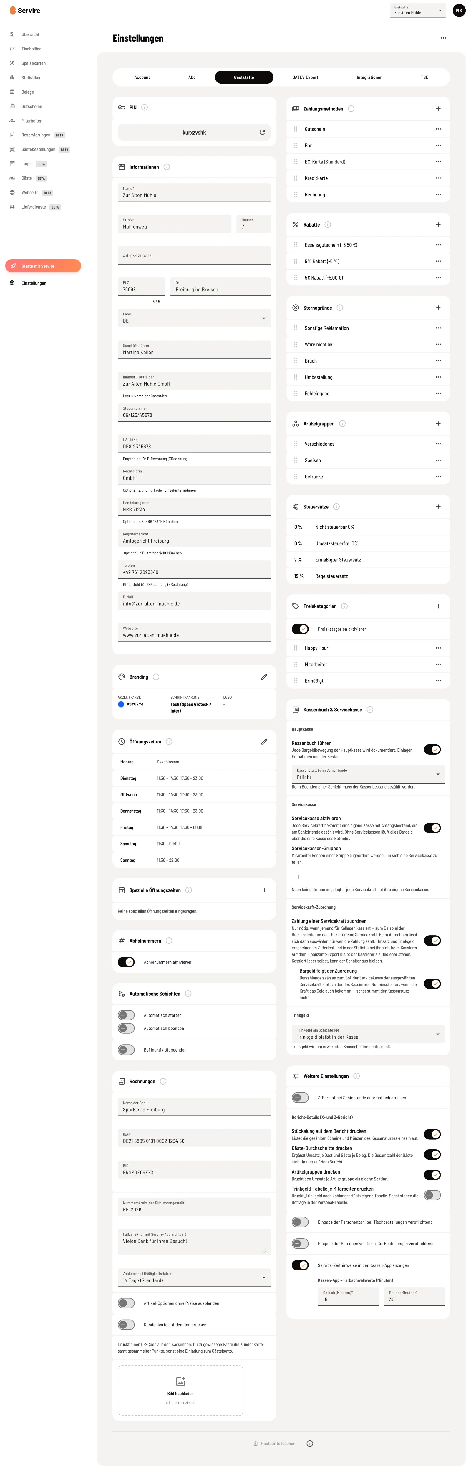 Restaurant tab in the server web desk with all sections: PIN, information, payment methods, discounts, cancellation reasons, item groups, invoices, tax rates, price categories, cash book and other settings