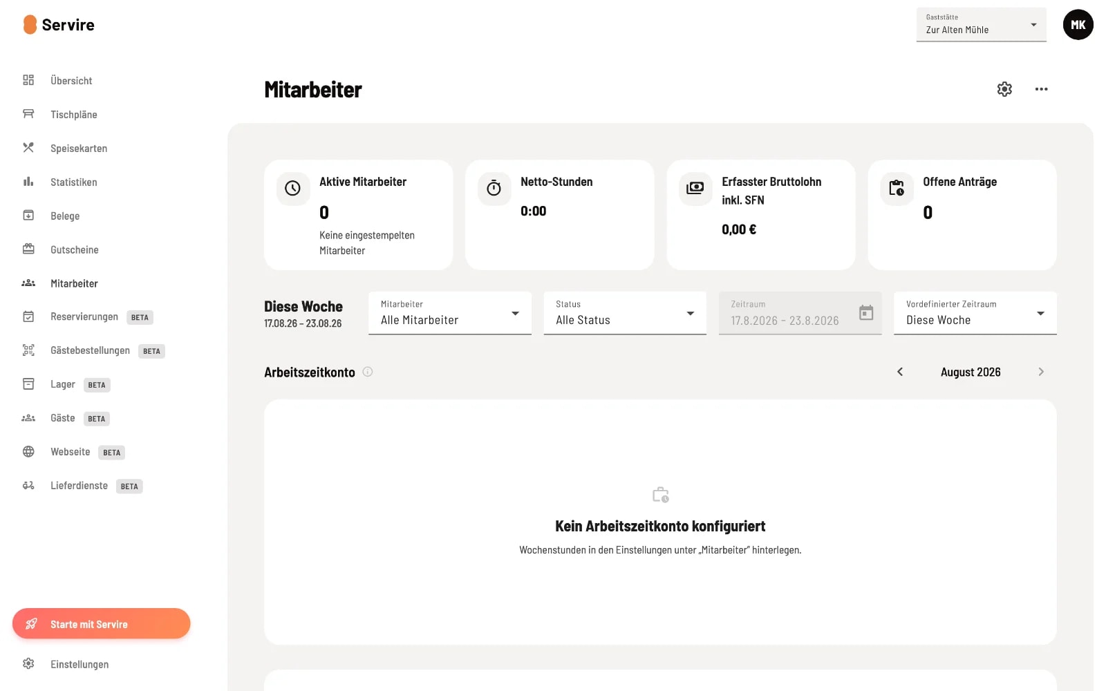Mitarbeiter-Tab im Servire Web desk mit einer Mitarbeiter-Liste und Refresh-Button