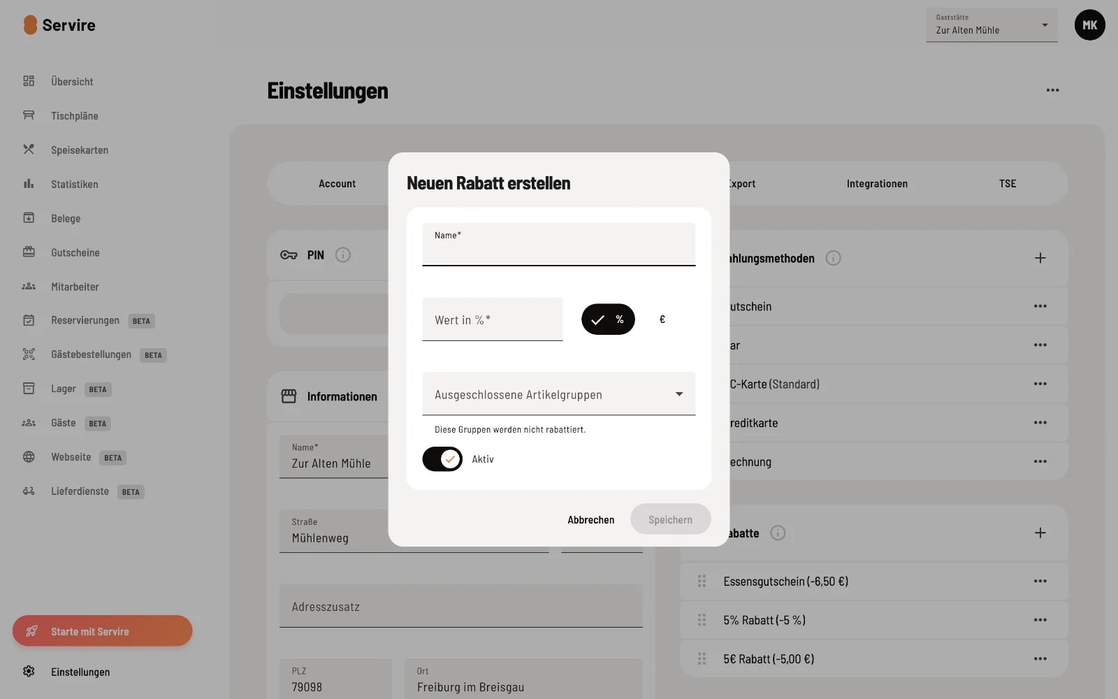 Dialog 'Neuen Rabatt erstellen' mit Eingabefeldern Name, Wert in Prozent, Toggle für Prozent oder Euro, und Auswahl ausgeschlossener Artikelgruppen