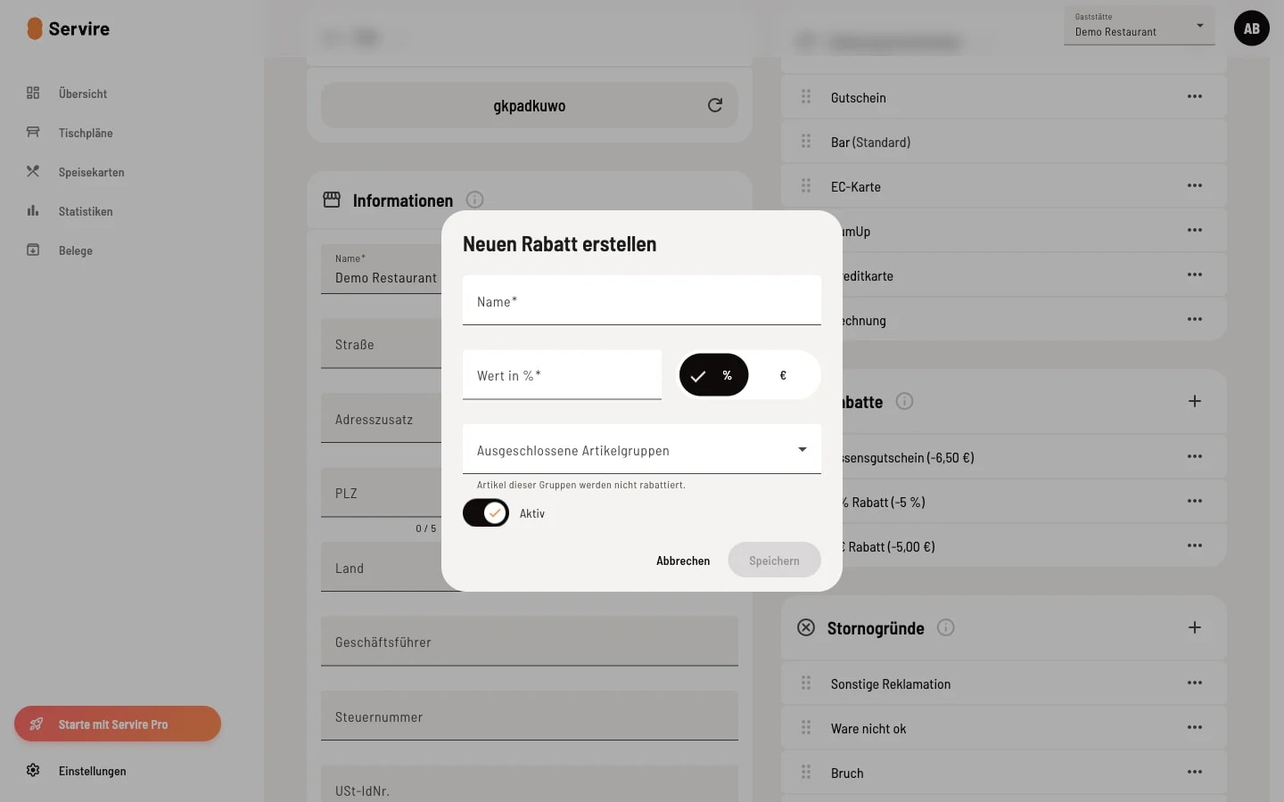 Dialog 'Neuen Rabatt erstellen' mit Eingabefeldern Name, Wert in Prozent, Toggle für Prozent oder Euro, und Auswahl ausgeschlossener Artikelgruppen
