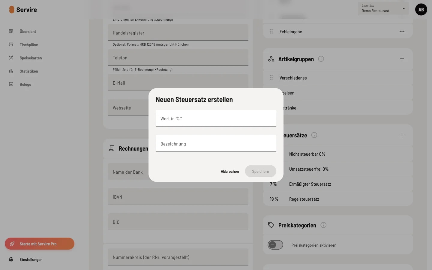 Dialog 'Neuen Steuersatz erstellen' mit Eingabefeldern für Wert in Prozent und Bezeichnung