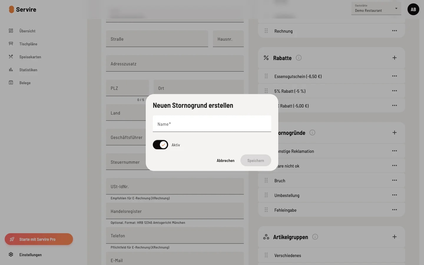 Dialog 'Neuen Stornogrund erstellen' mit Name-Eingabefeld und Aktiv-Schalter