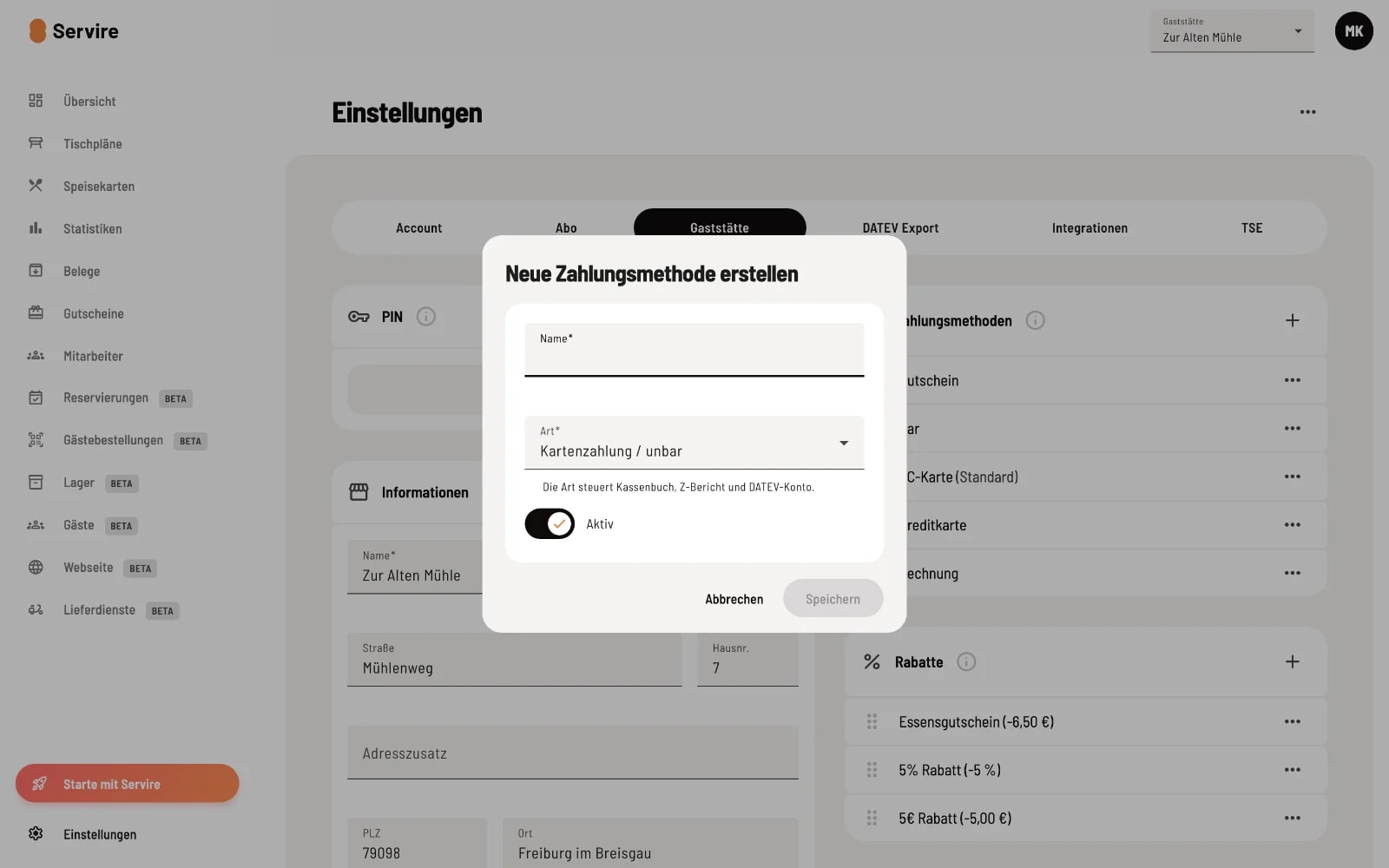 Dialog 'Neue Zahlungsmethode erstellen' mit Name-Eingabe und Aktiv-Schalter