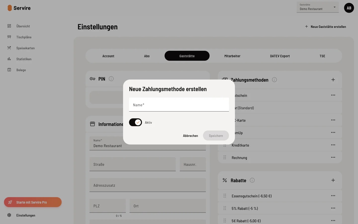Dialog 'Neue Zahlungsmethode erstellen' mit Name-Eingabe und Aktiv-Schalter
